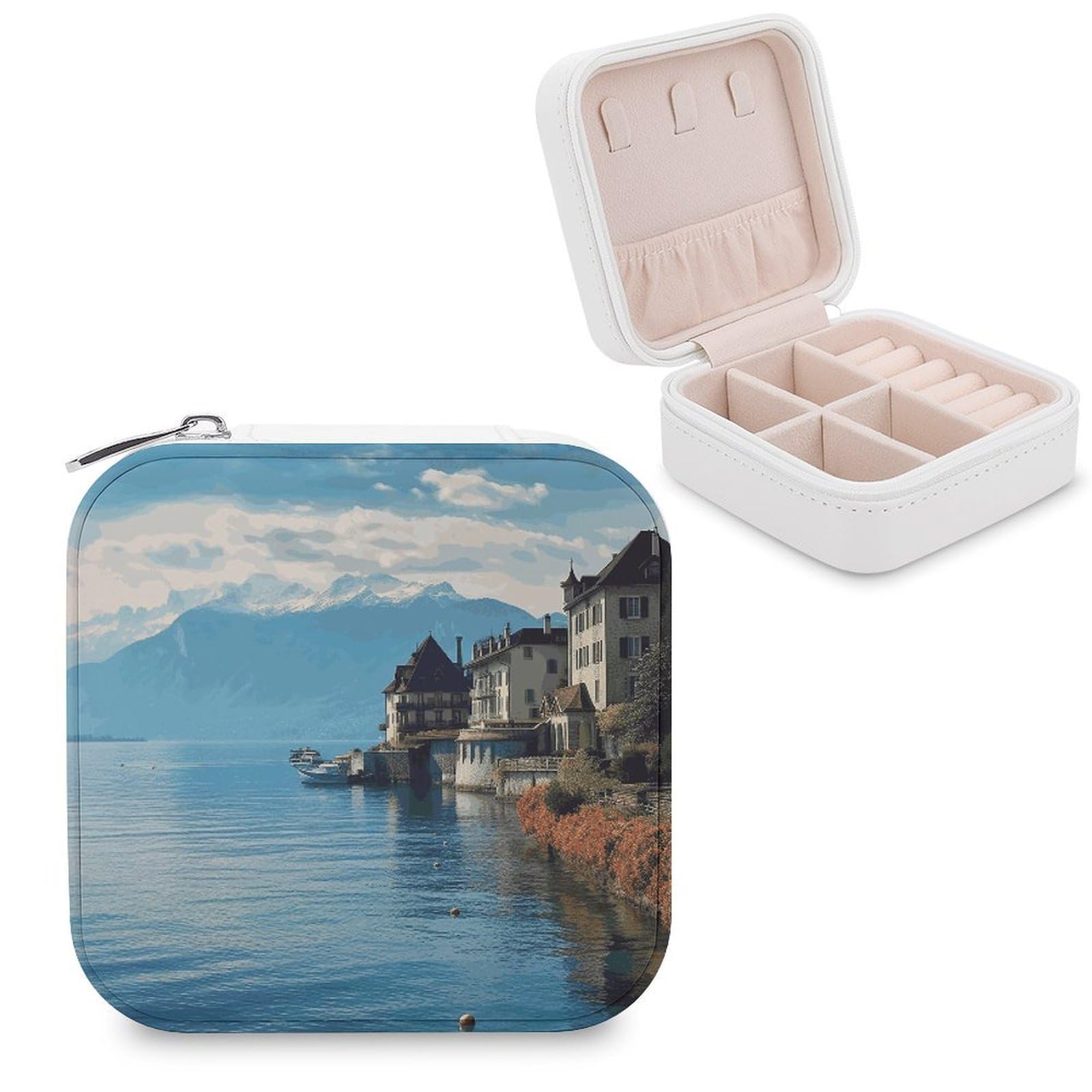JTREHY Travel Lake Geneva Switzerland Jewelry Case Portable Display Storage Box PU Leather Mini Jewelry Travel Case Personalized Travel Jewelry Organizer Small Jewelry Box for Women