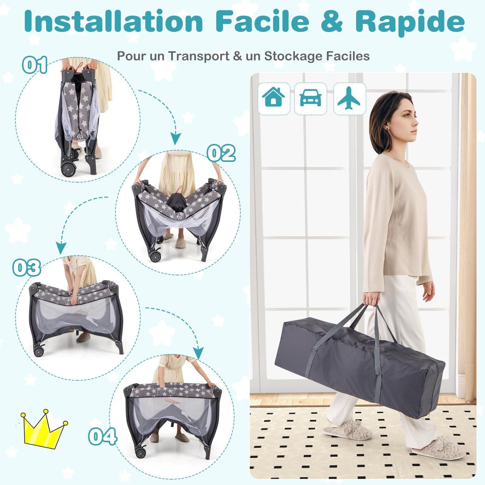 DREAMADE 4 en 1 Lit Parapluie Bébé 102x72x74CM avec Matelas&Moustiquaire Lit de Voyage Tout-Petites 0-3 Ans avec Porte-Couche,Roue Verrouillable,Table à Langer,Boîte à Musique,Charge 15KG (Étoilé)