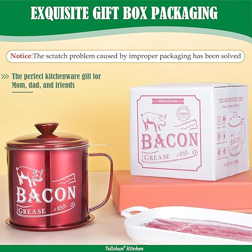 Miniatura 7 de Tellshun Contenedor de ahorro de grasa de tocino de 44 onzas1.3 L con colador, retenedor de aceite de cocina de acero inoxidable con espátula de