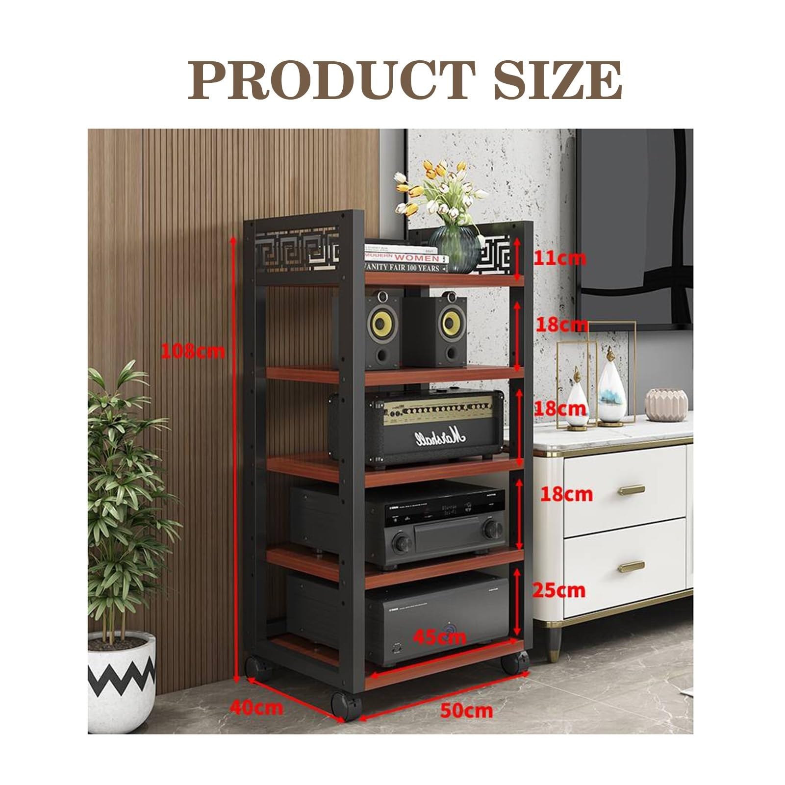 HiFi Rack, 5-stufiges Möbel-Medienregal, DVD-CD-Player-Ständer, Audio-Rack, Leistungsverstärker-Geräteschrank mit höhenverstellbaren Holzregalen, bodenstehendes Lagerregal (Farbe 1)