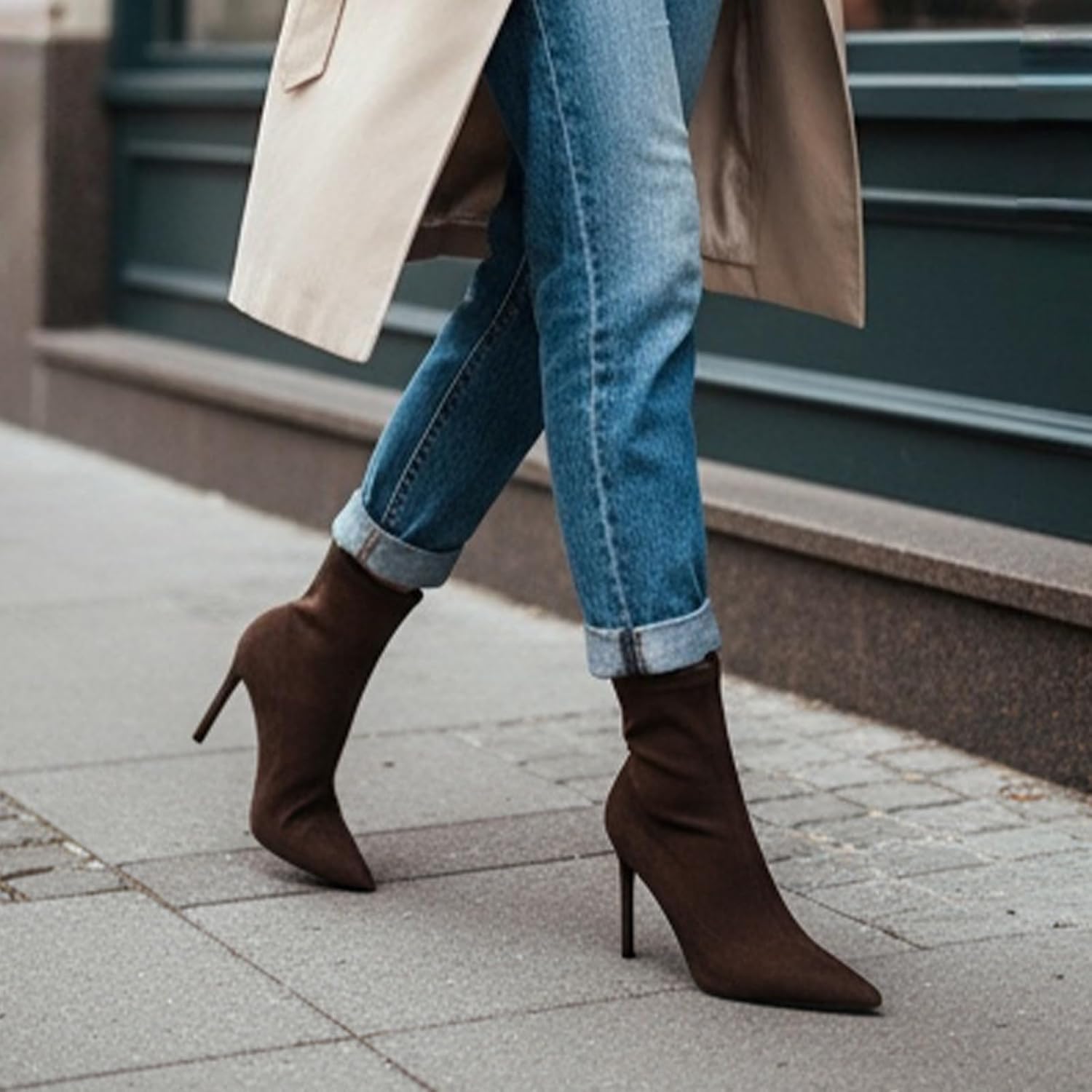 Suede Stiletto Ankle Boots for Women's Point Toe Pull On High Heel Dress Booties Fashion Comfortable Slim Heeled Office Daily Wear Fall Short Booties - Image 6