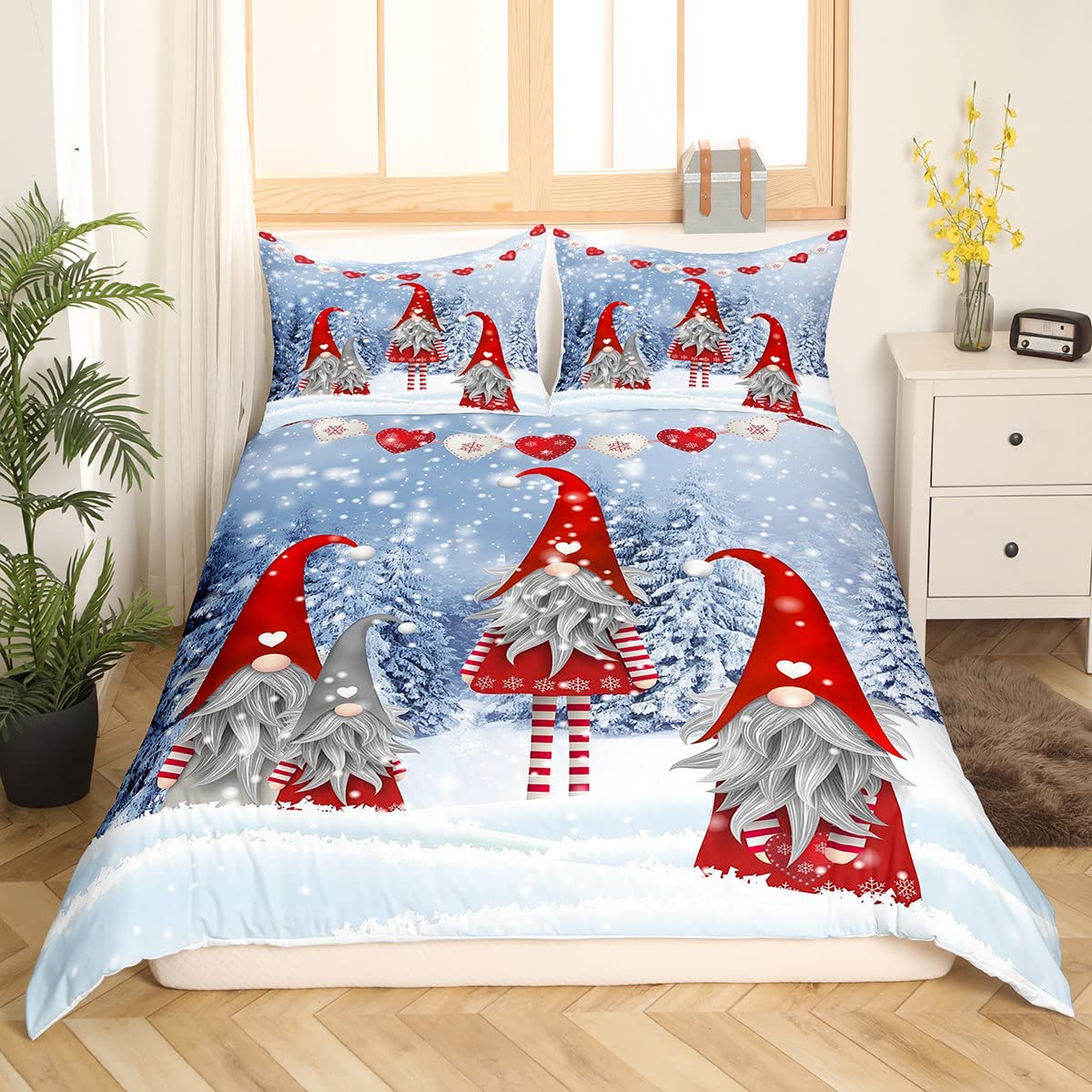 Homemissing Thème GNOME De Noël Courtepointe Courtepointe De Noël Motif Nain Draps Lit Rouges Et Bleus Costume Garçon Et Fille Décoration Paysage Neige 220x240cm