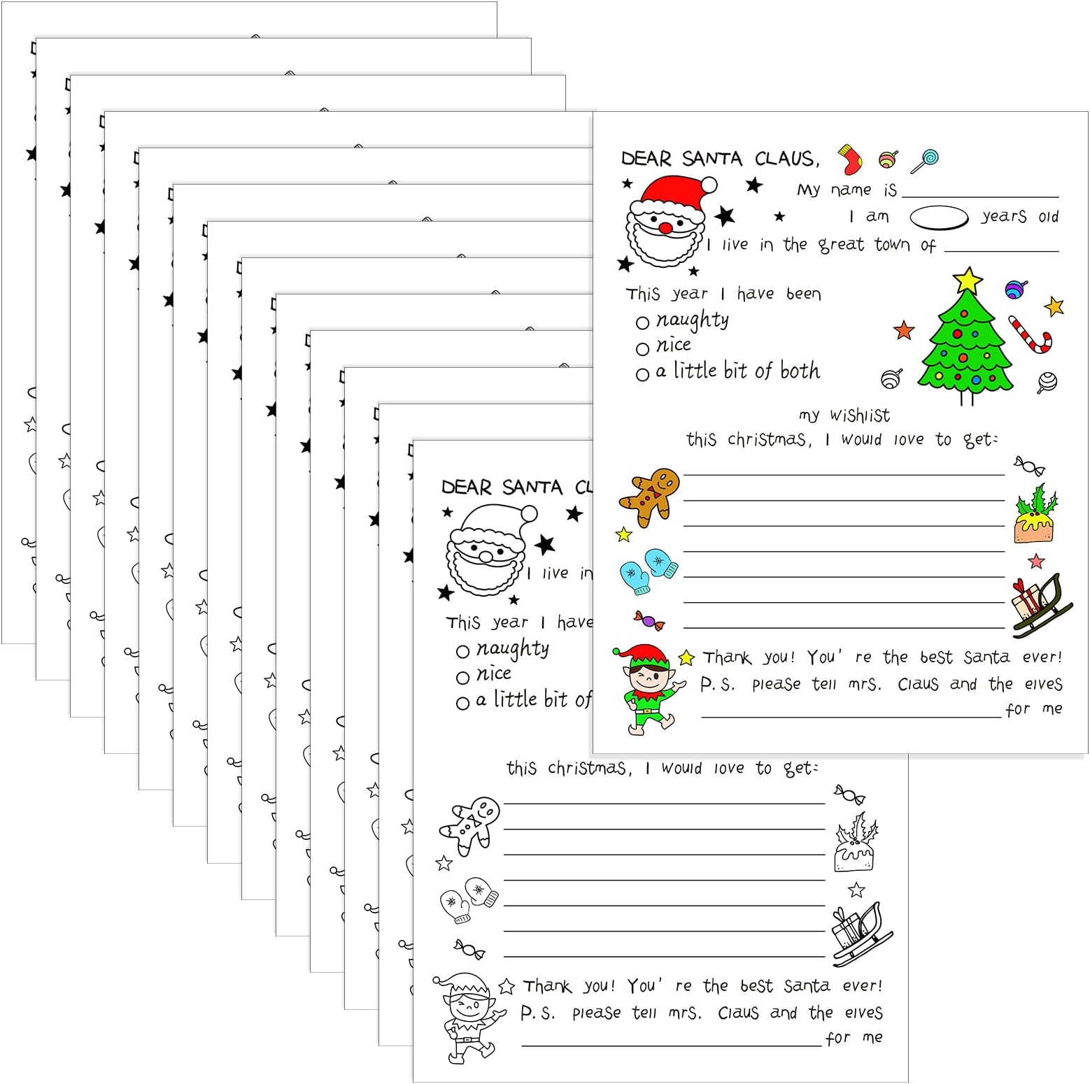 Spiareal Set of 50 Color Your Own Letter to Santa, Christmas Crafts for Kids, Santa Letters, Xmas Paper, Stationary, Wish List, Coloring Writing Party Favors, 8.5 x 11 Inches, black and white