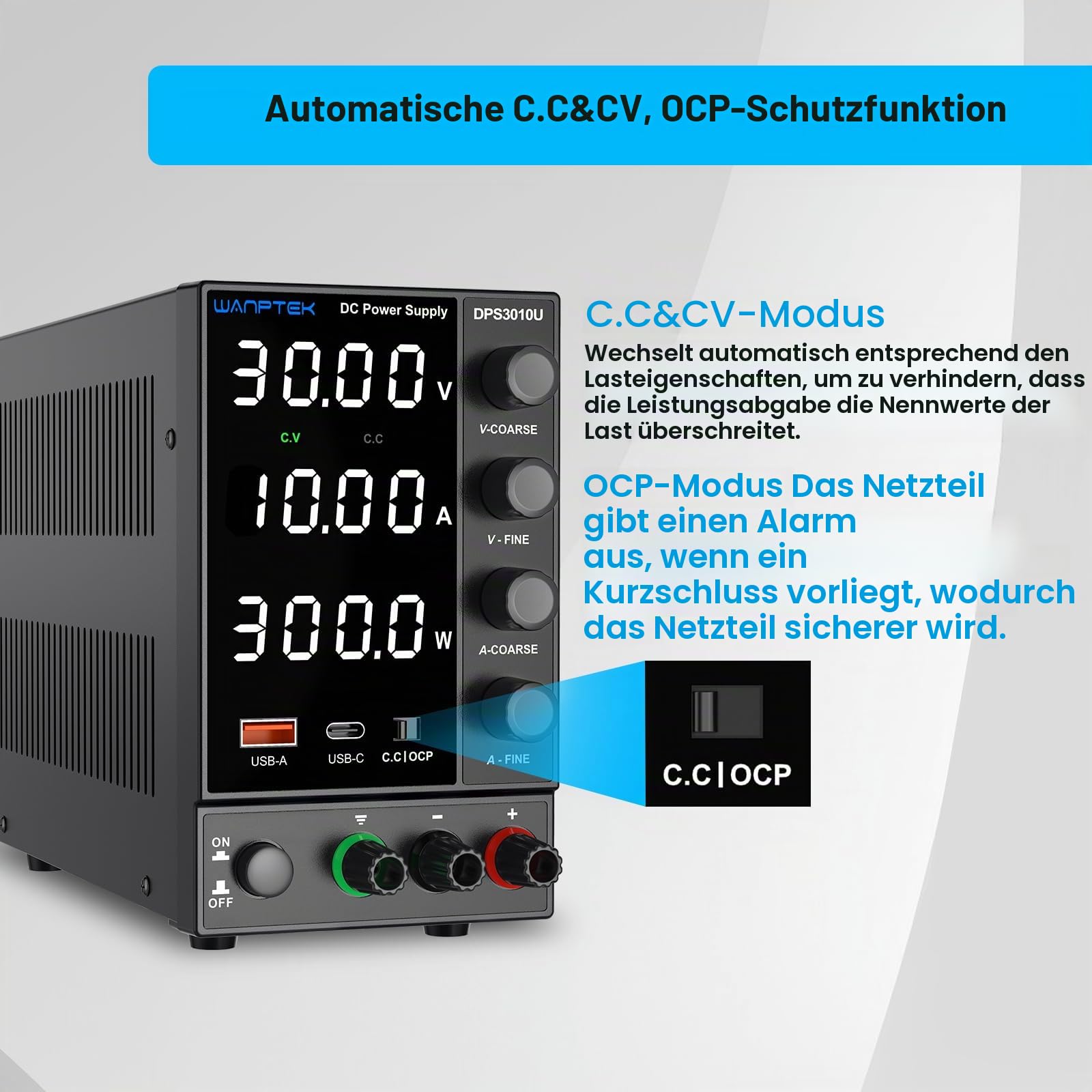 Labornetzteil 30V 10A, Labornetzgerät mit OCP-Schutz/USB-A/Type-C Schnellladeanschluss, Variables DC Regelbares Netzgerät mit 4-Stellige LED-Anzeige Gebereinstellknopf