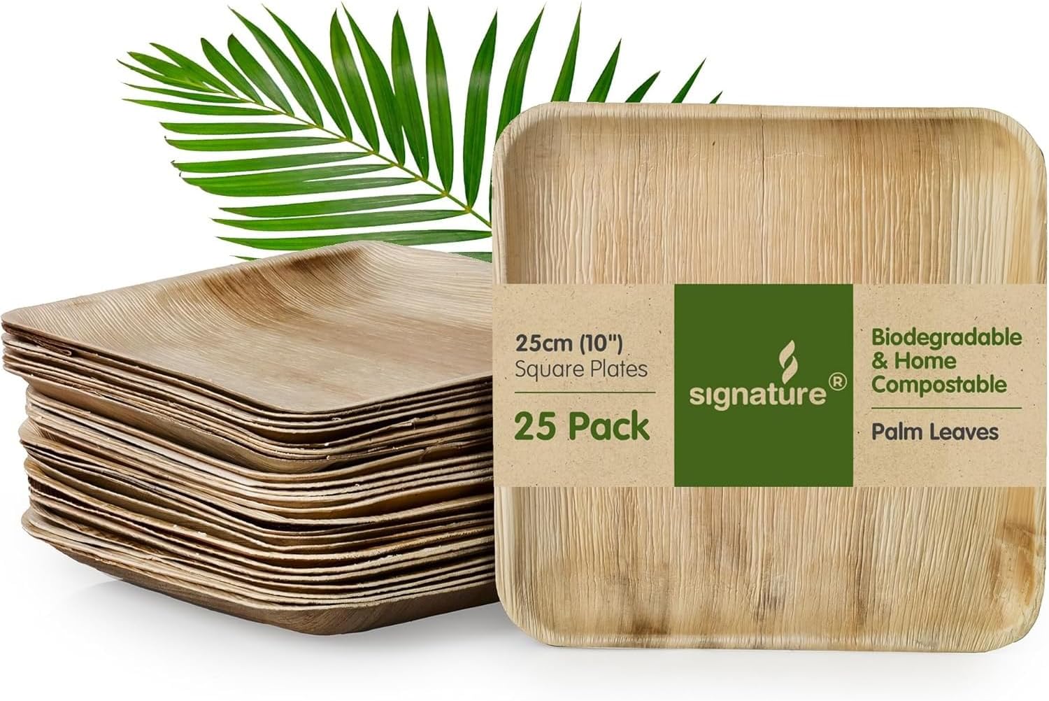 Signature Natural Palm Leaf Plates, 10 Inch Square, 25 Pack | Sturdy compostable palm leaf. Natural, eco-friendly. For weddings, parties and corporate events.