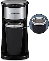 Elite Gourmet EHC-112B Single Serve Coffee Maker with 14oz Thermal Travel Mug, Reusable Filter, Compact Black Brewer