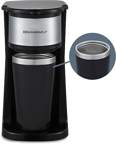 Elite Gourmet EHC-112B Cafetera compacta personal de una sola porción incluye 14 onzas. Taza térmica de viaje con interior de acero inoxidable,