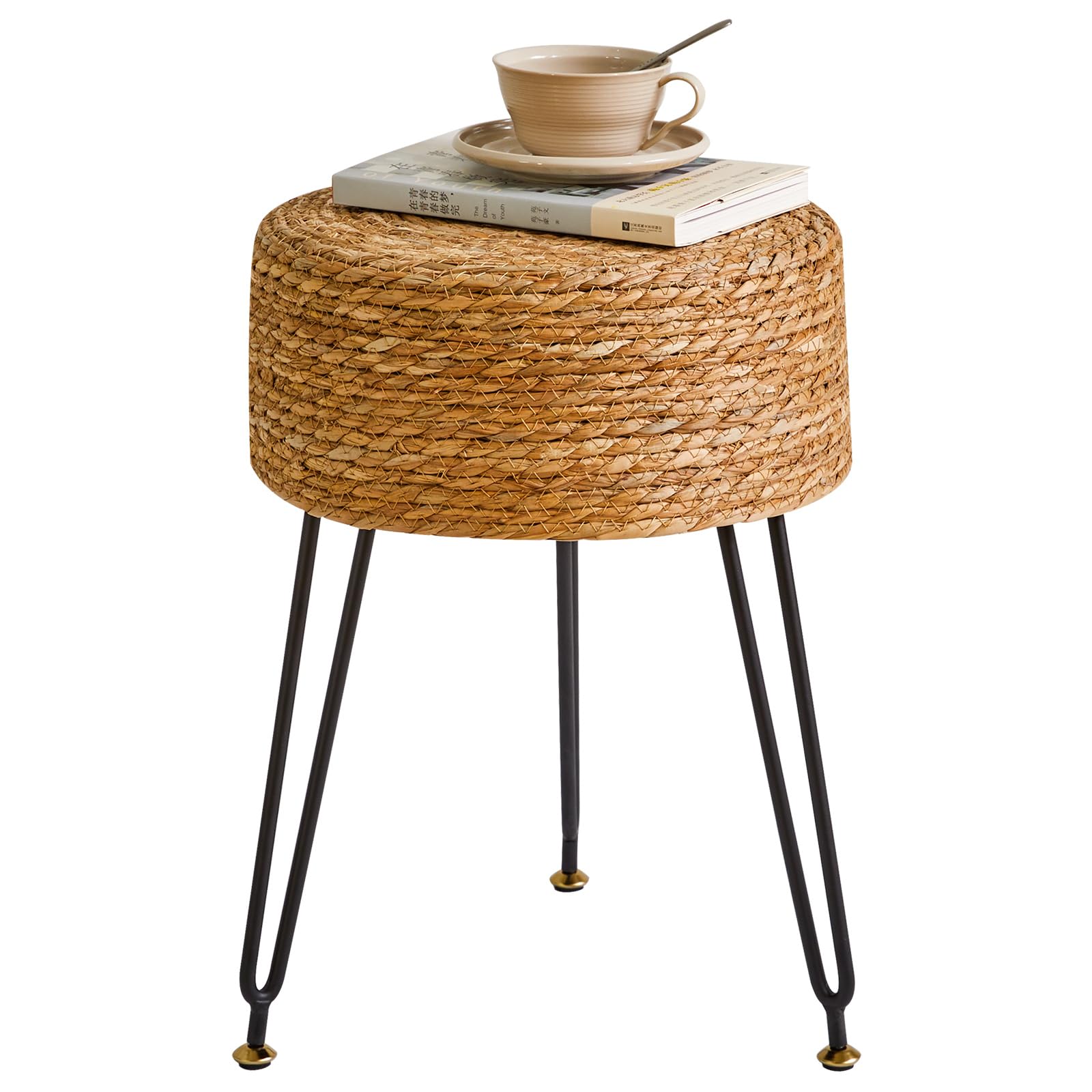 YMYNY Taburete Redondo, Otomana, Reposapiés Redondo de Algas Naturales con Asiento Tejido a Mano, Puf Suave Tapizado, para Sala de Estar, Dormitorio, 32 × 32 × 45CM Color Sólido HBD029N