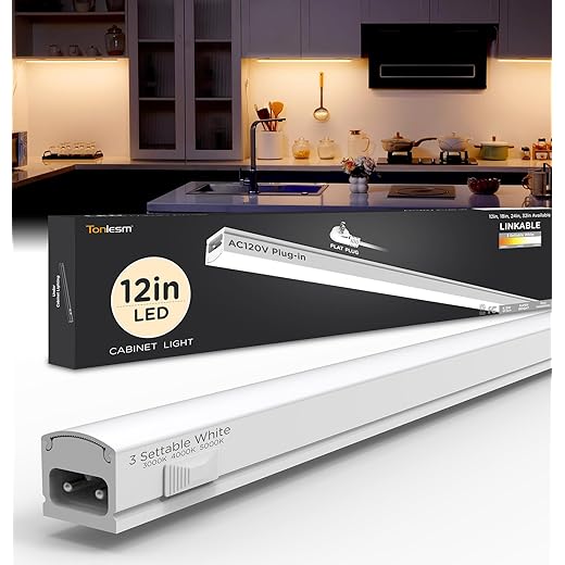 Under Cabinet Lighting Plug in 12in 1Pack AC120V 3CCT 3000/4000/5000K, Super Bright,Linkable Under Counter Lights for Kitchen, Ultra Slim LED Cabinet Light,ETL White