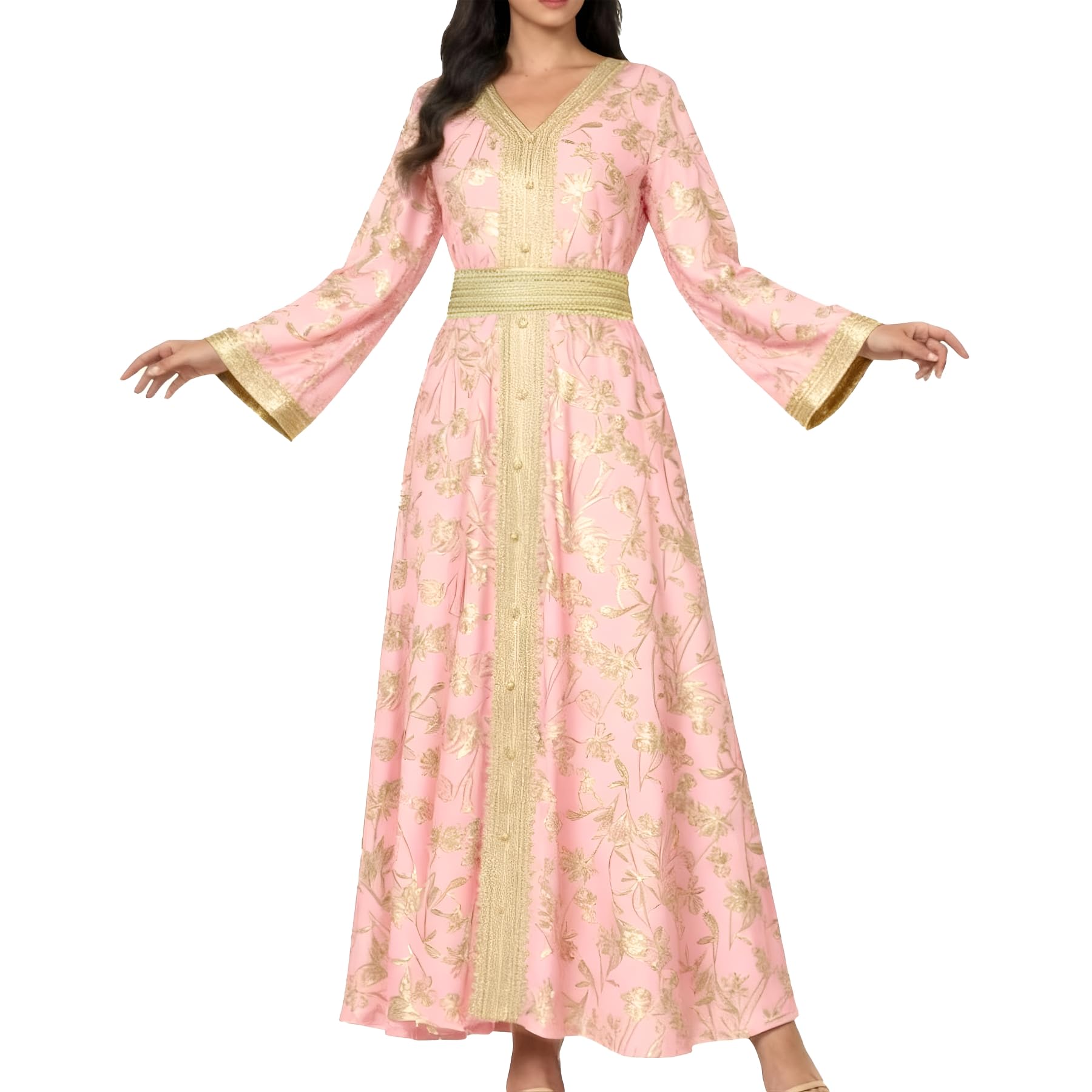 Abaya Muslim Dress for Women V Neck Belted Embroidered Floral Kaftan