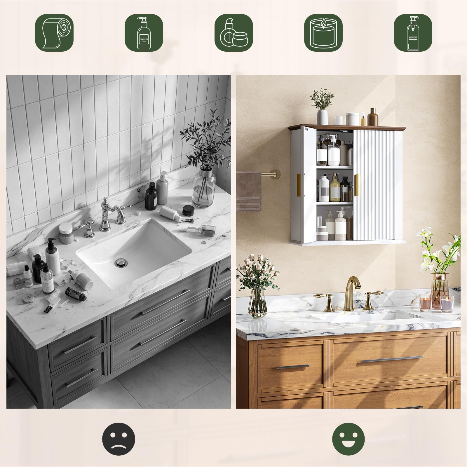 CHOEZON Armario de Pared para Baño, Gabinete con Diseño Ondulado, Estante Ajustable y Estilo Campestre, Mueble Colgante para Baño, Cocina, Lavandería, Blanco y Nogal
