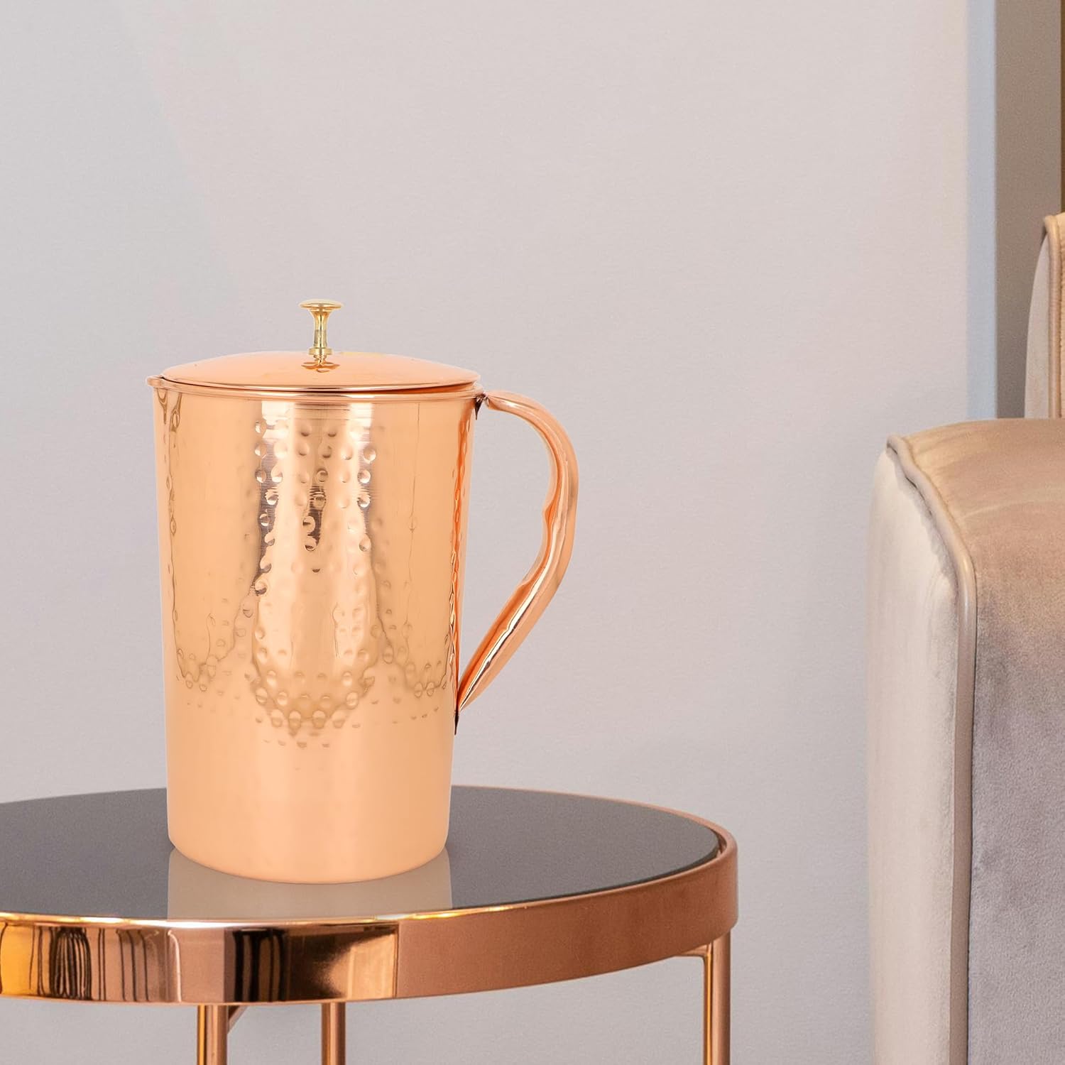 Zap Impex Pure Copper Pitcher with a Lid, Solid Copper, Copper Water Hammered Jug, Capacity 1200ml
