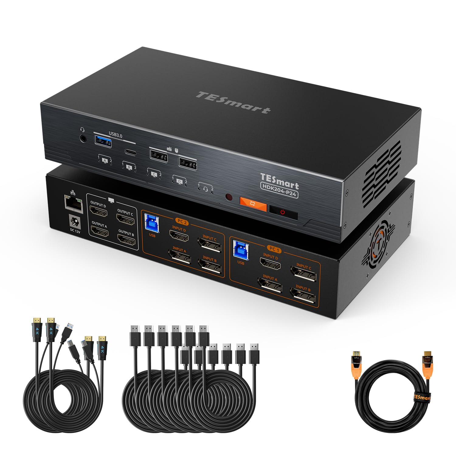 TESmart KVM Switch 2 PC 4 Monitor 4K+cavo in fibra ottica da 10 m