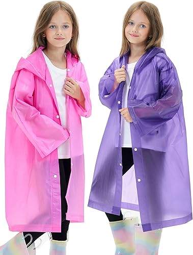 Paquete de 2 impermeables impermeables para niños, reutilizables, ponchos de lluvia EVA, chaqueta de lluvia de emergencia para niños, niños y niñas