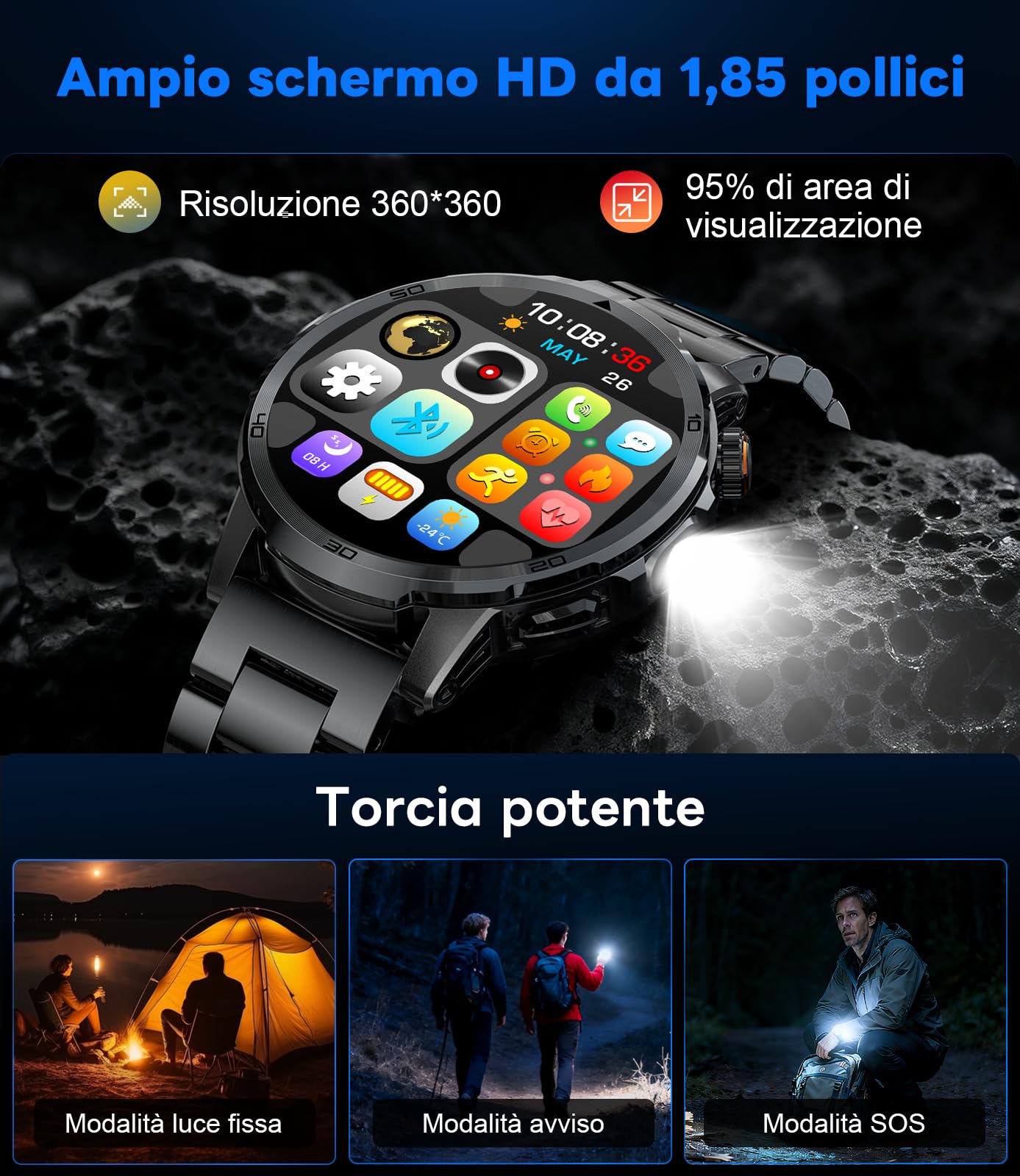 FEELNEVER Smartwatch Uomo, Smartwatch Militare Uomo Fitness con Chiamate Bluetooth,1.85" Orologio Intelligente 110+ Modalità Sportive/1000 mAh/Sonno/Torcia per Android IOS, Nero Arancione