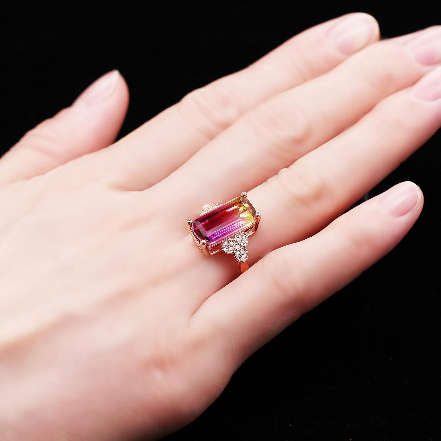 Uloveido 18K Rose Gold Plated Cushion Cut Rings Purple Rectangle Created Tourmaline Stone October Birthstone Jewelry Cocktail Ring for Women Birthday RJ400