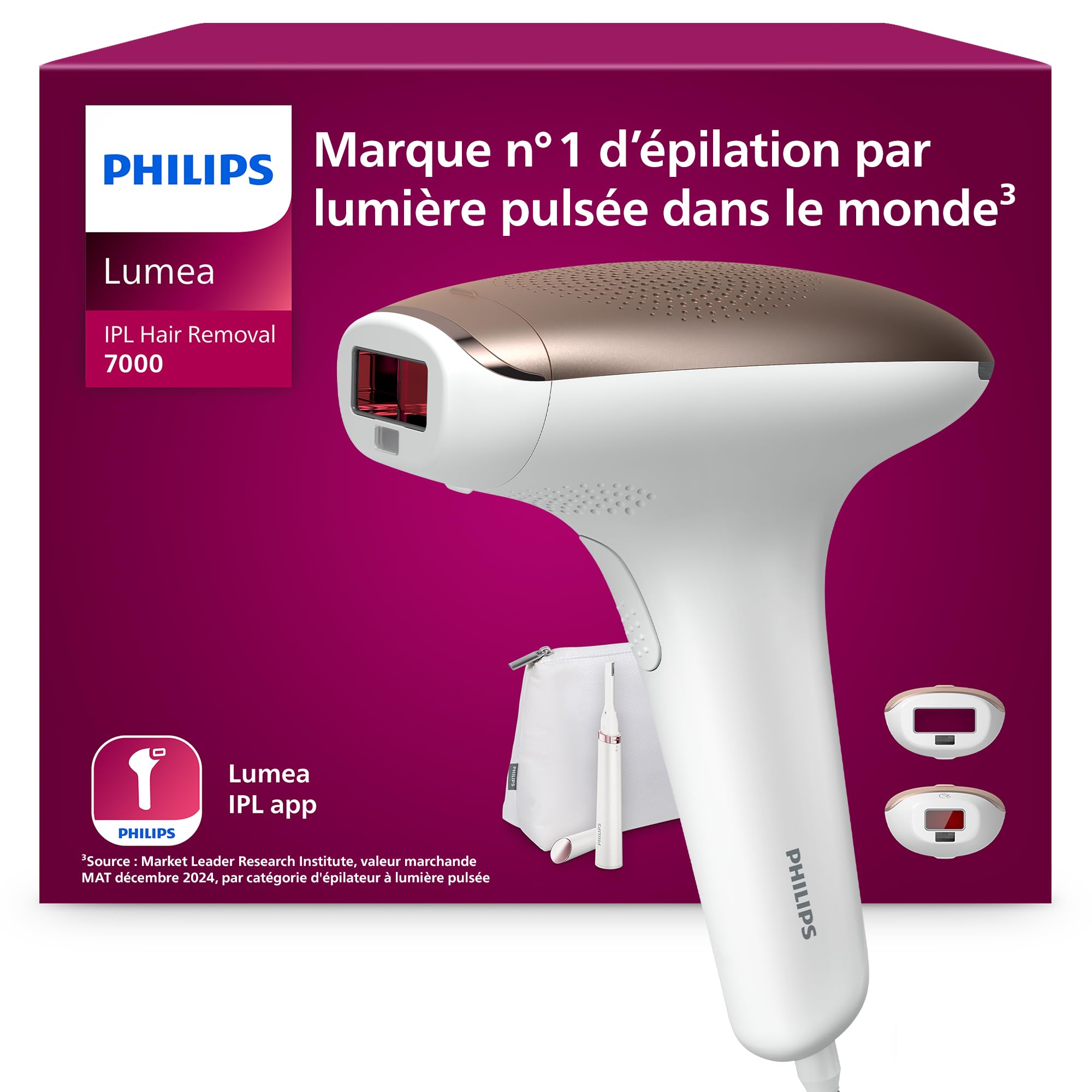 Philips Lumea série 7000, Épilateur à lumière pulsée, alternative à l'épilation laser, avec tondeuse-stylo Satin Compact, 2 embouts pour le corps et le visage, modèle BRI921/00