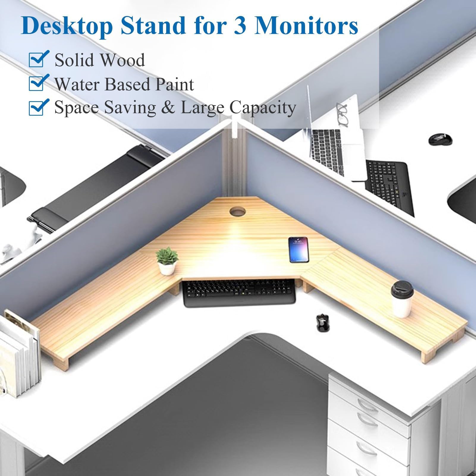 Supporto per Monitor a L per 3 Monitor, Ampio Supporto per Monitor da scrivania angolare ergonomico, Robusta Piattaforma di Supporto per Laptop ad Arco in Legno, Facile da Montare.