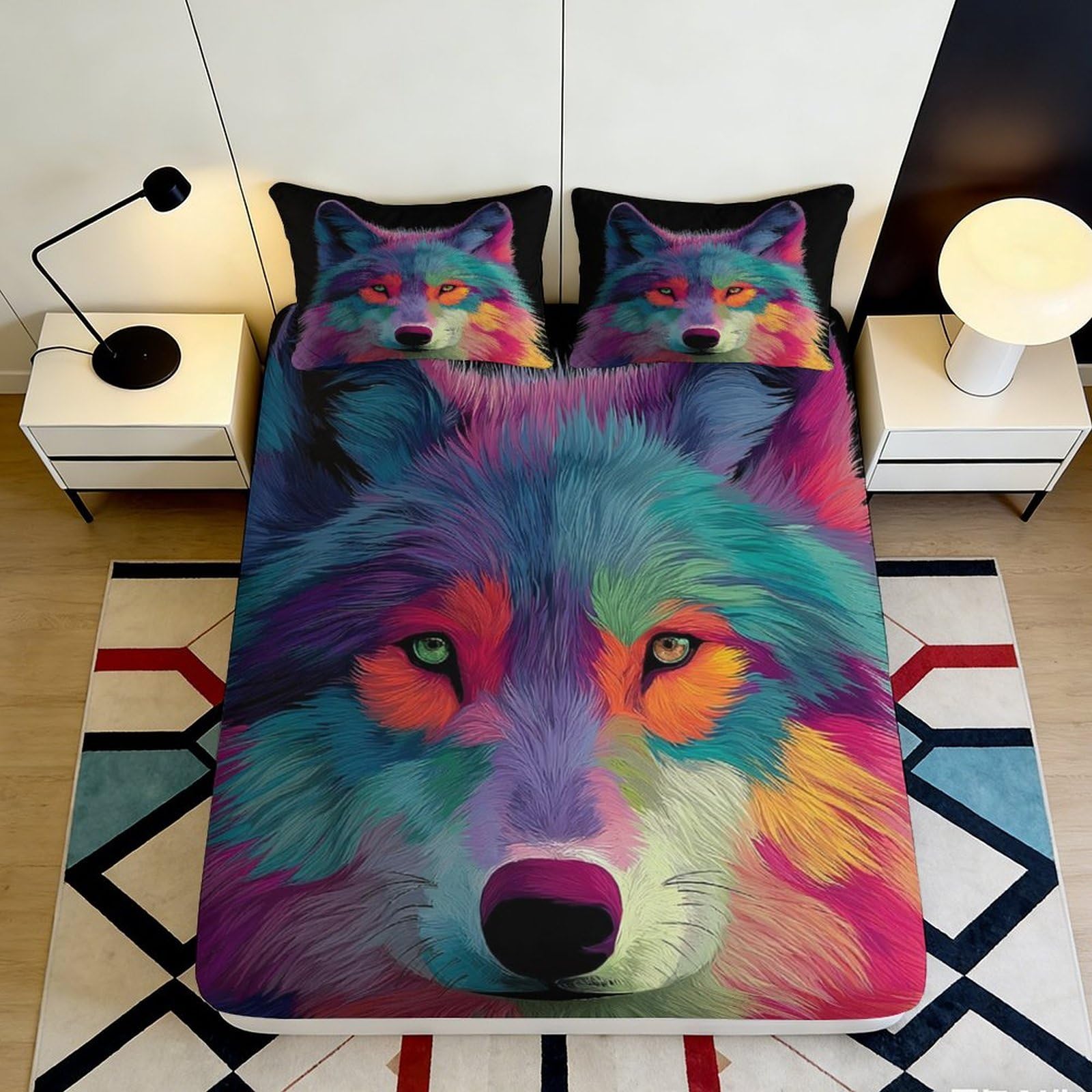 3D Printed Colorful Wolf Fitted Sheet Microfiber Soft Breathable Vibrant Wolf Bed Cover for Bedroom Dormitory Guest Room Mattress Protection Decor 200x200x25cm