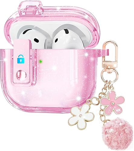 Funda transparente para Airpods 4 con bloqueo de seguridad, funda protectora de TPU suave para Apple AirPods de 4 generación con llavero brillante