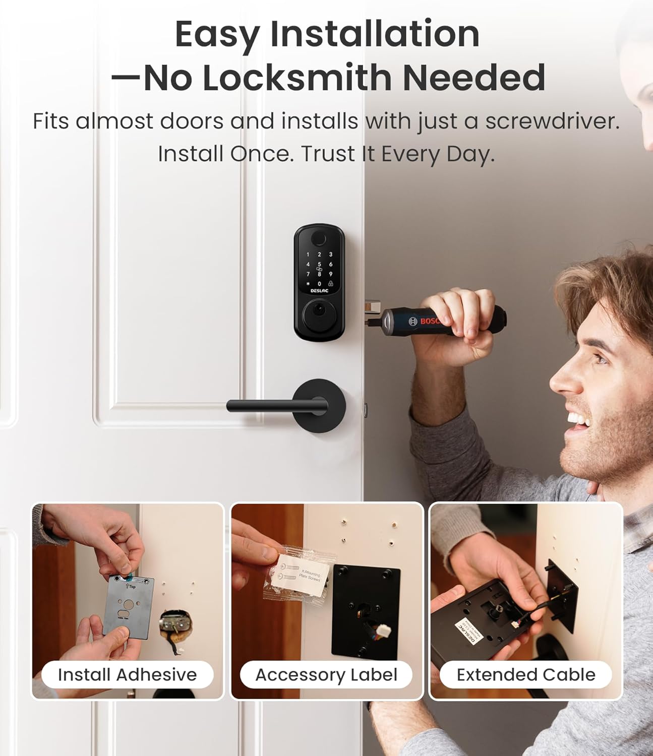 DESLOC B200 Fingerprint Smart Lock with 2 Lever Handles, Keyless Entry Front Door Lock Set, Electronic Keypad Deadbolt, App Control, Auto Lock, Long Battery Life,Matte Black
