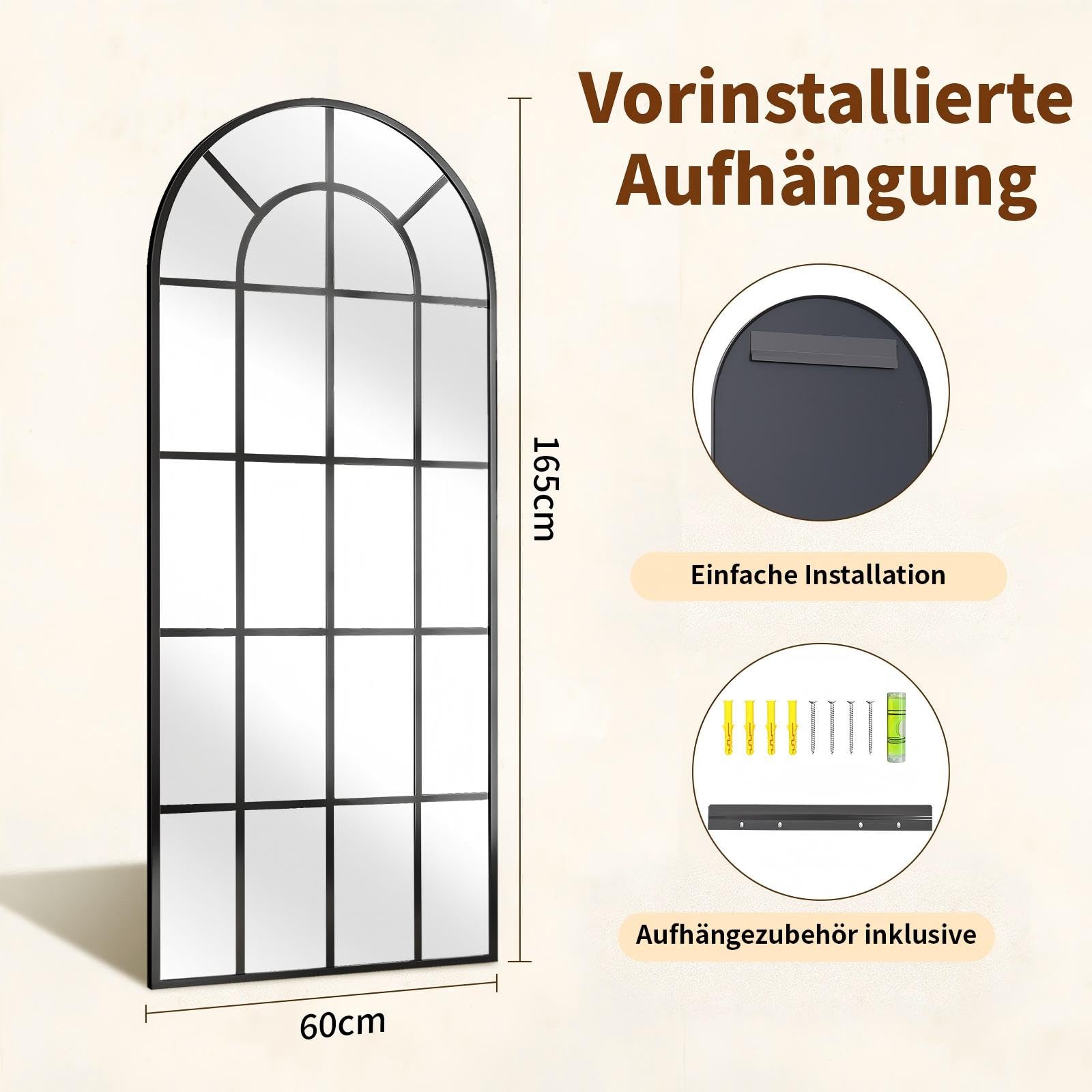 BEAUTYPEAK Standspiegel 165x60 cm, Dekorativer Gewölbter Ganzkörperspiegel hängend oder lehnend an die Wand, Groß Wandspiegel mit Ständer für Schlafzimmer, Wohnzimmer oder Ankleidezimmer, Schwarz