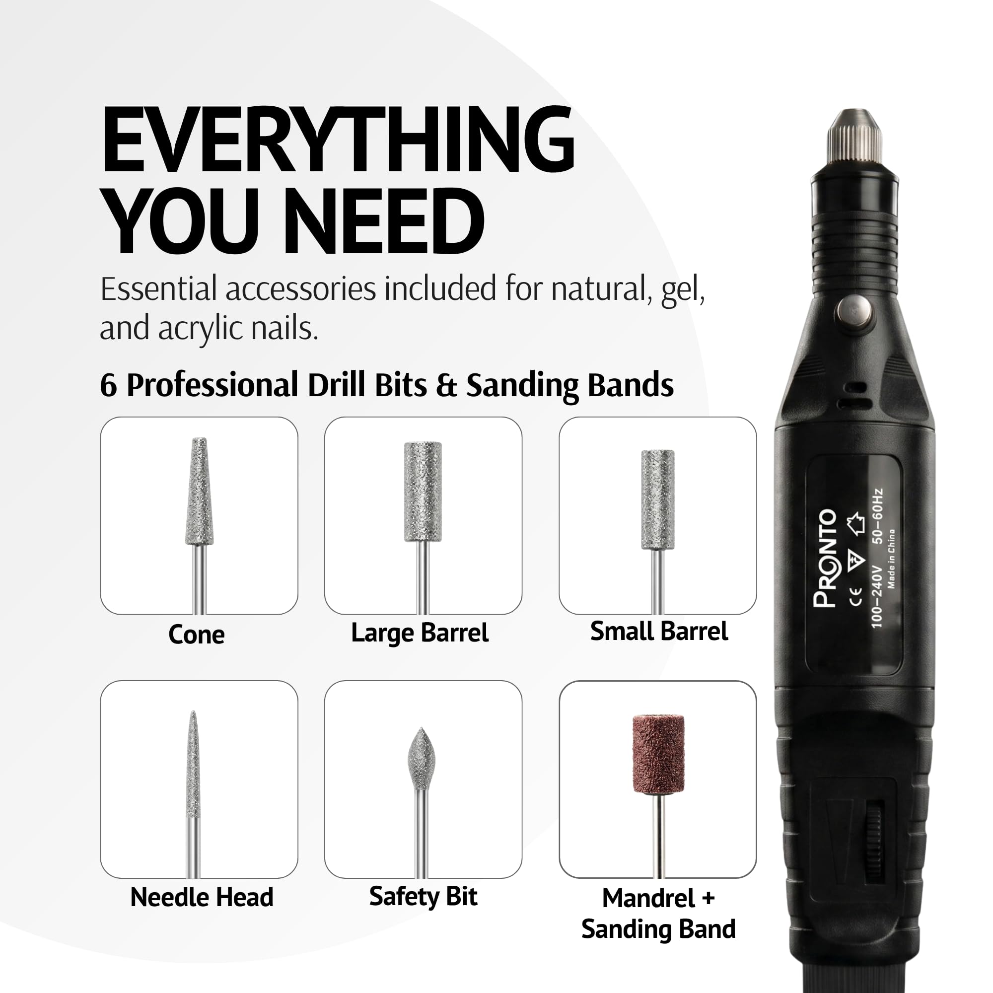 PRONTO Professionelles schnurgebundenes elektrisches Nagelbohrmaschinen-Kit | Plug-in-Nagelbohrer (E-Feile) für Acrylnägel, Entfernen von Gel-Nagellack, Formen und Polieren mit Bohrern