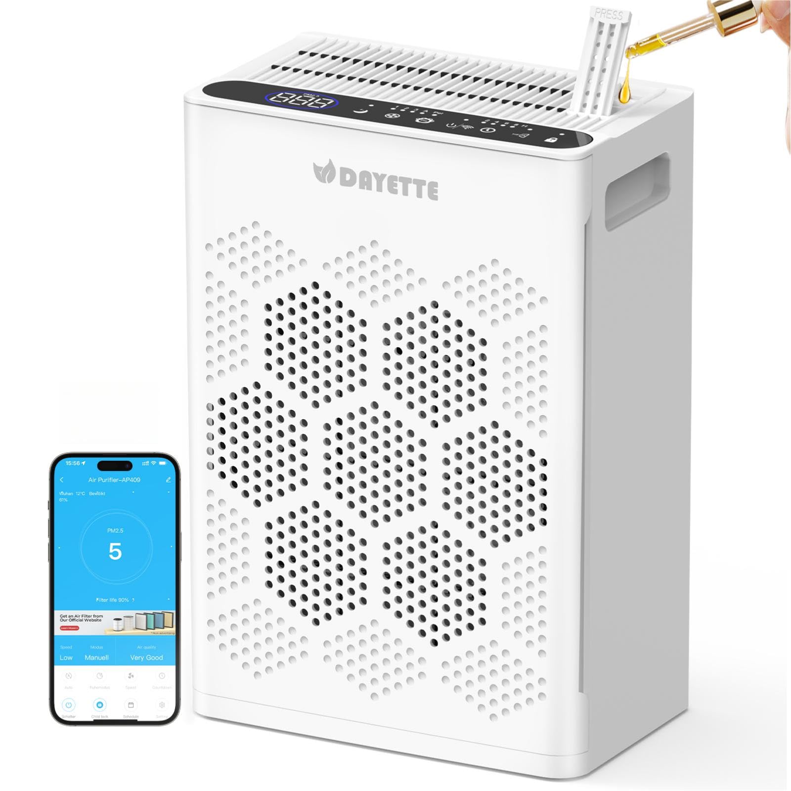 Luftreiniger Allergiker für Wohnung, HEPA H14 Filter mit waschbarem Vorfilter gegen Zigarettenrauch, Schimmel und Gerüche, CADR 300m³/h, App- und Alexa-Steuerung