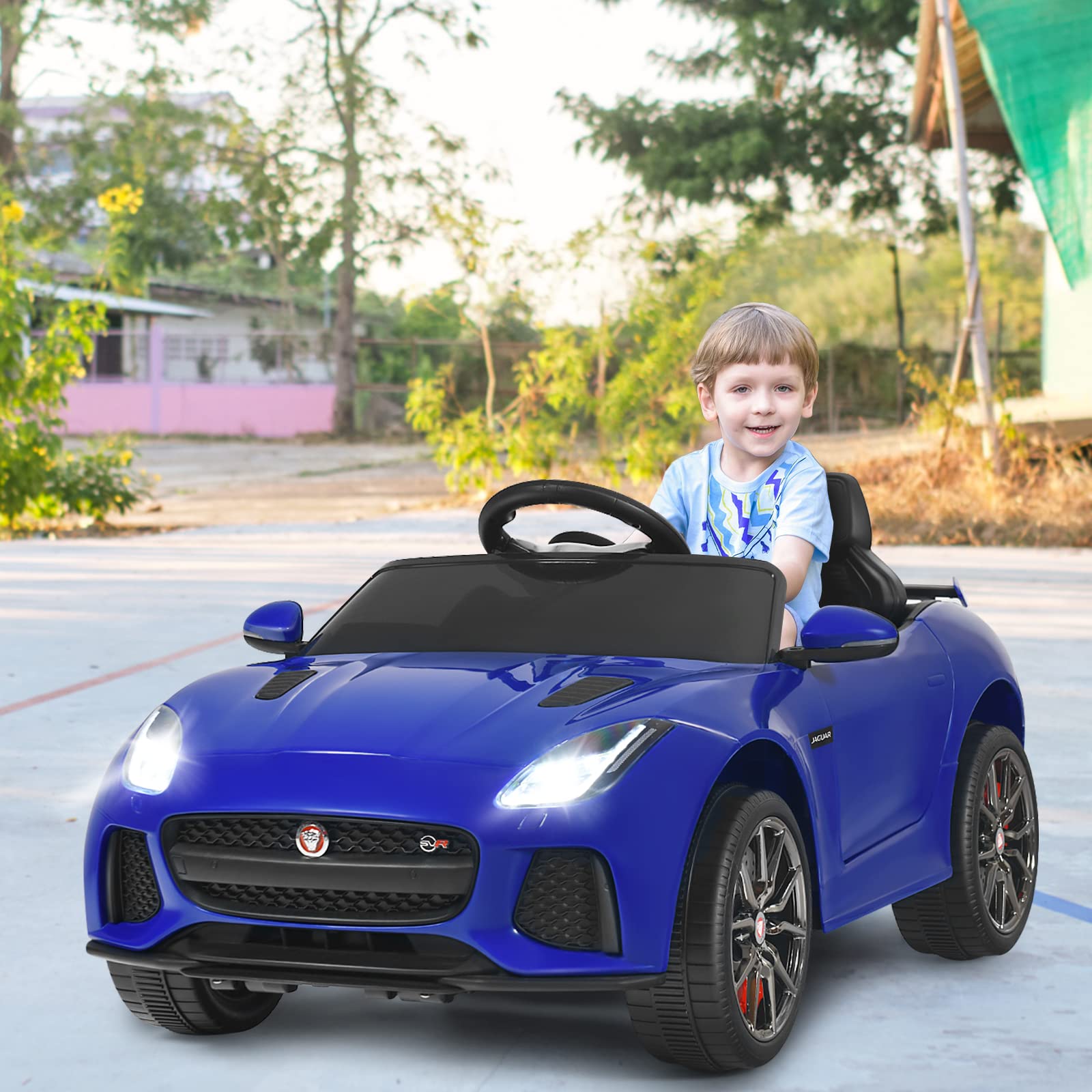 GOPLUS Elektroauto Jaguar, 12V Kinderauto mit 2,4 Ghz Fernbedienung, Softstart, LED Licht, Hupe, Musik, Sicherheitsgurt, 3-5 km/h, Kinderfahrzeug für Kinder ab 3 Jahre bis zu 25 kg (Blau)