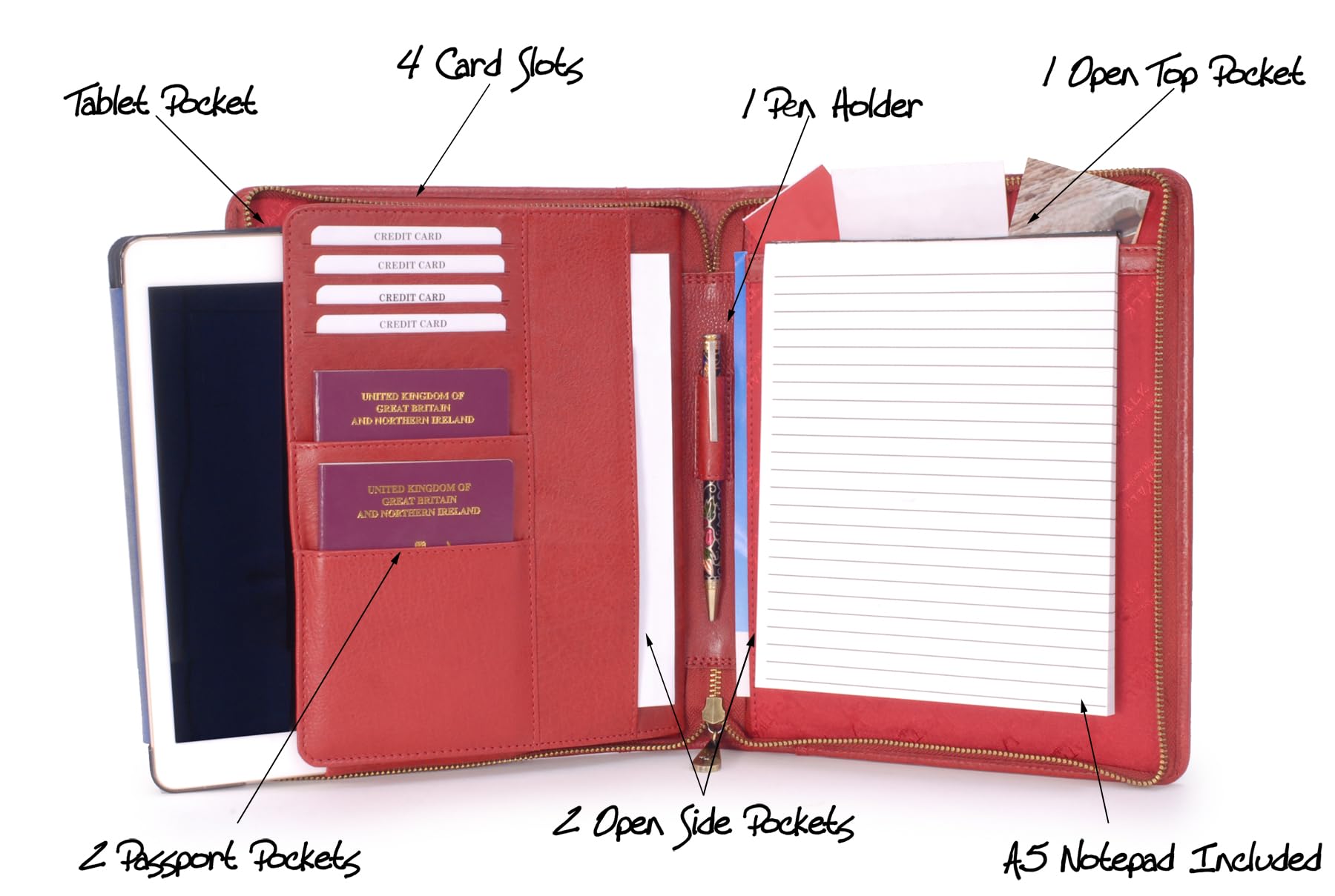 Catwalk Collection Handbags - Damen A5 Leder Notizbuchtasche - Schreibmappe mit Reißverschluss - Passend für Tablet und Notizbuch - Angela - Rot