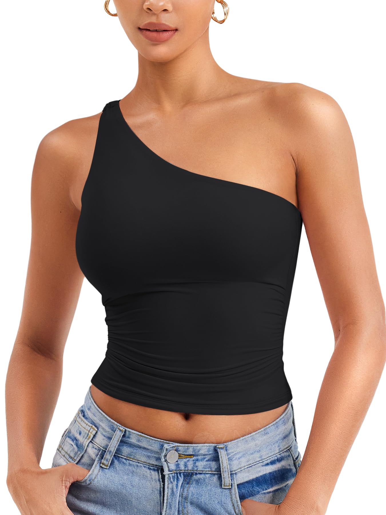 ZAAYO Damen One Shoulder Tank Tops Schulterfrei Oberteil Y2K Slim Fit Crop Top Sexy Sommer Tops Double Lined Sleeveless Cropped Tee Shirt