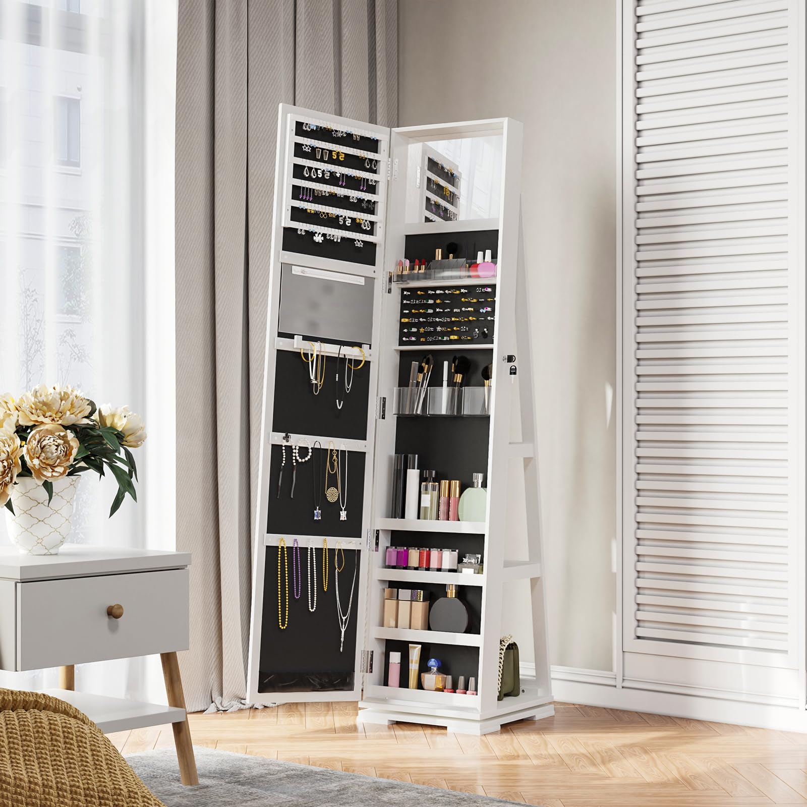 YITAHOME Jewellery Cabine Standing Full Length Mirrort, 360° Swivel Jewelry Armoire 3-in-1 Mirror, Lockable Cosmetic Storage Organize for Dressing/Bedroom