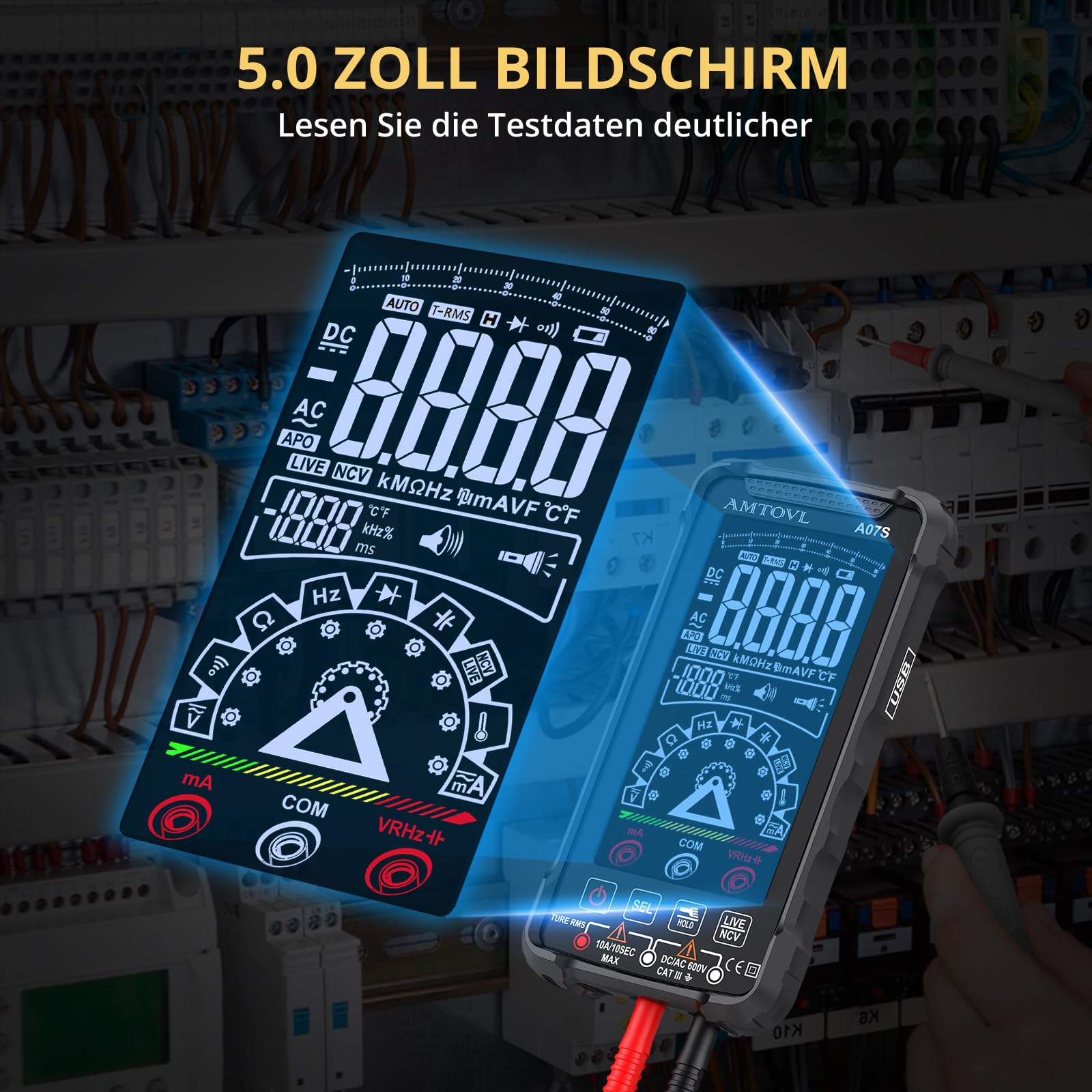 AMTOVL Digital Multimeter 6000 Zählungen USB-C Wiederaufladbar TRMS Farbbildschirm mit Messleitungen für AC/DC Spannung Strom Kapazität Tester NCV Temperatur