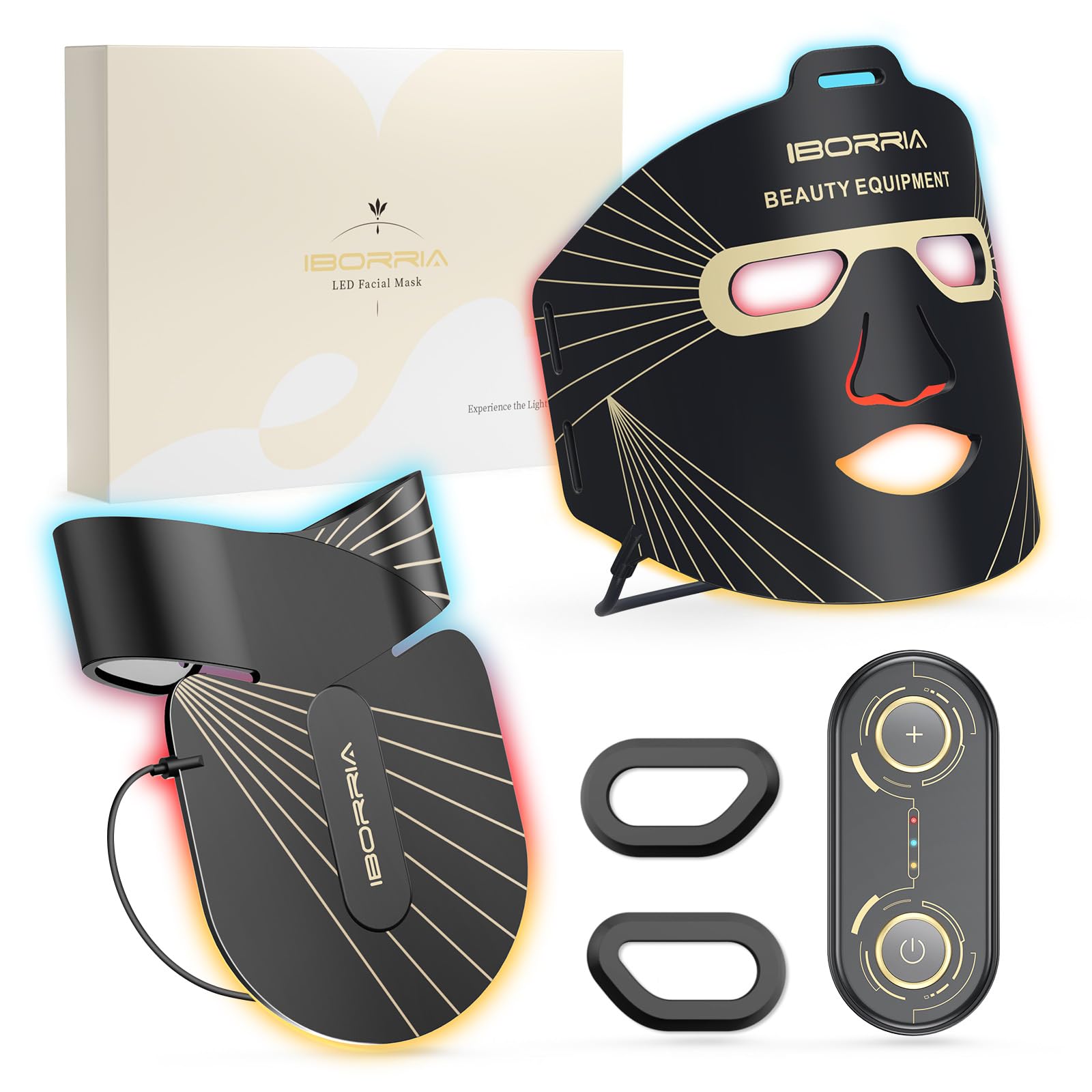 Máscara Facial LED para Rostro, Cuello y Escote, Terapia de Luz Infrarroja Cercana, Mascarilla de Belleza de Silicona Flexible, Tratamiento en Hogar, Cuidado Rejuvenecimiento de Piel (Negro)