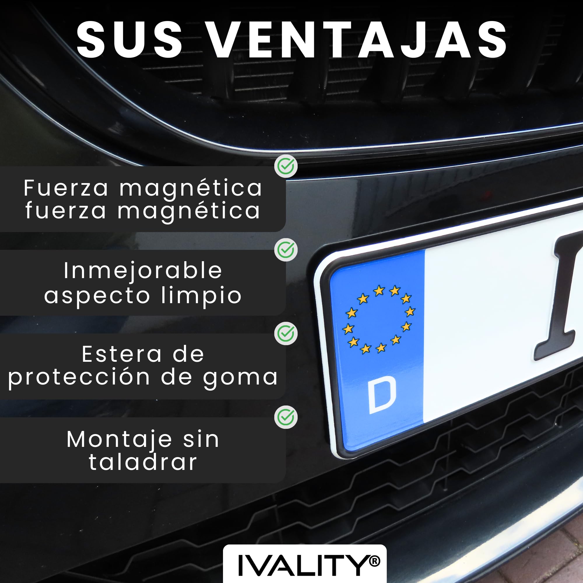 IVALITY® 100% Invisible - Portamatrículas magnético, portamatrículas magnético sin Marco para 1 matrícula española
