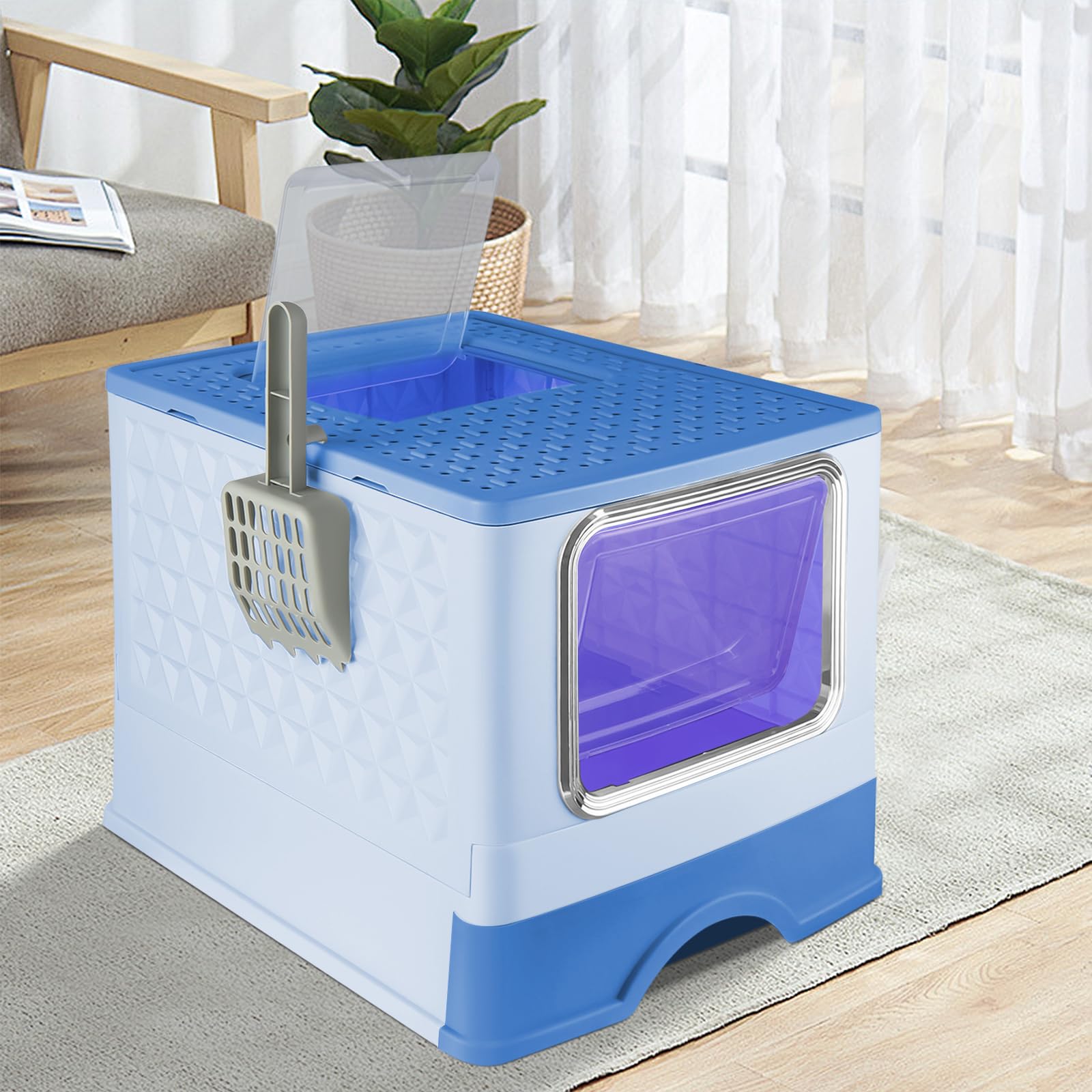 Bandeja para cama de gato, con pala incluida, bandeja extraíble, 2 aberturas (52 x 39 x 39 x 39 cm-Bleu+UV)
