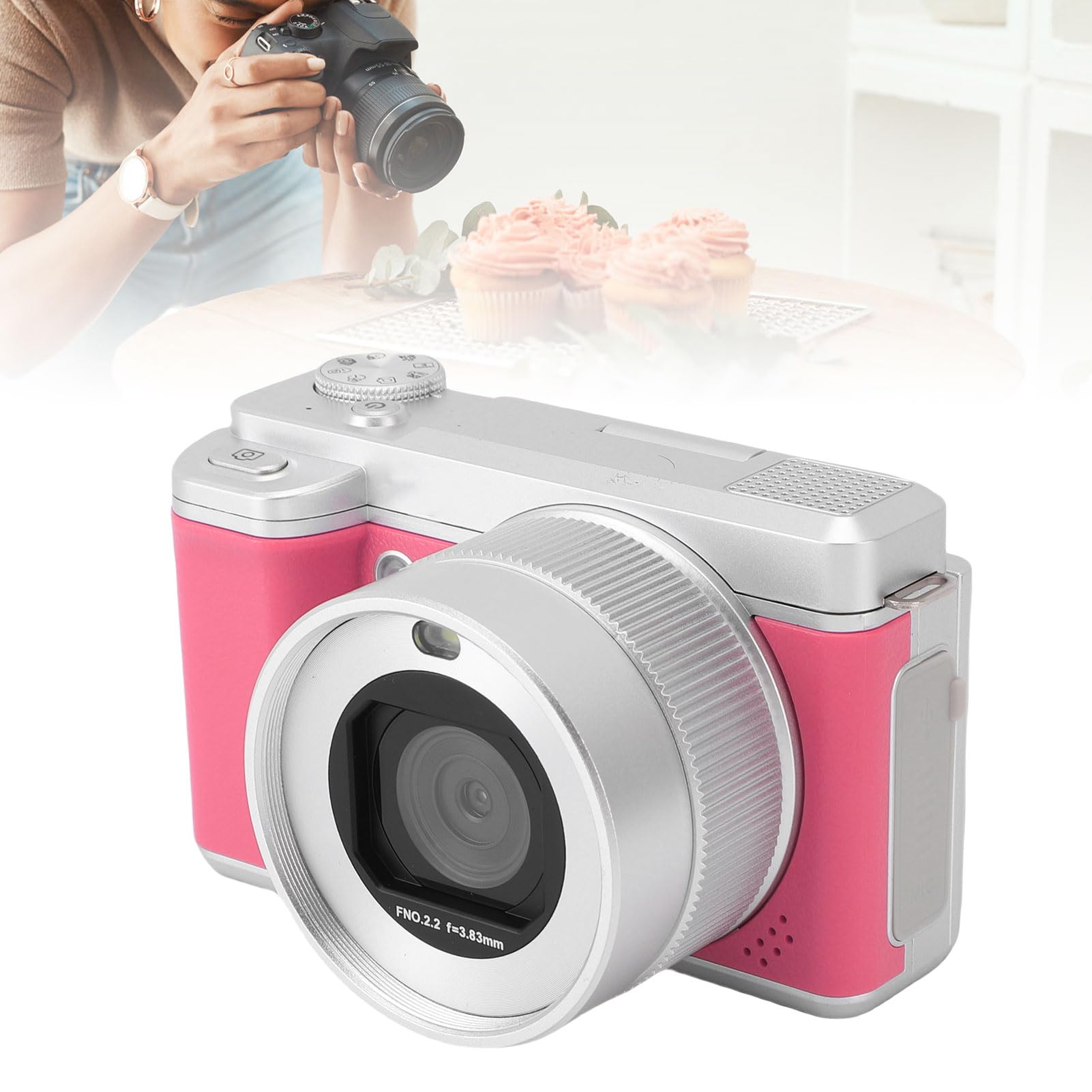 Fotocamera Digitale 5k per Fotografia, Videocamere Wi FI 80MP, Videocamera HD AutoFocus Compact Cam da 3 Pollici da 3 Pollici a 180 ° Schermo con Zoom Digitale 18x per VLOG (PINK)