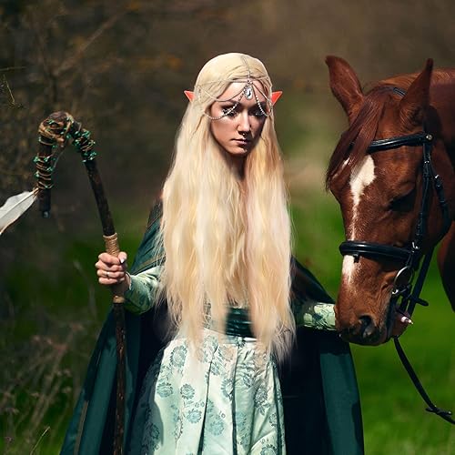 Vista 3 de Geyoga Juego de disfraz de hadas para mujer, orejas de elfo y diamantes de imitación, corona de hojas para Halloween, princesa medieval