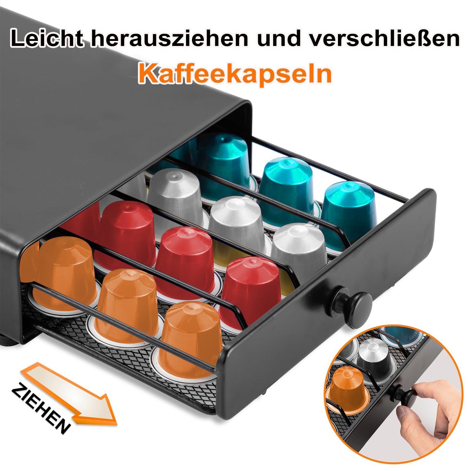 Portacapsule da caffè, compatibile con capsule Nespresso, dispenser per capsule, cassetto, 40 pezzi, 37,5 x 17,6 x 5,8 cm, per casa, ufficio, caffè, nero