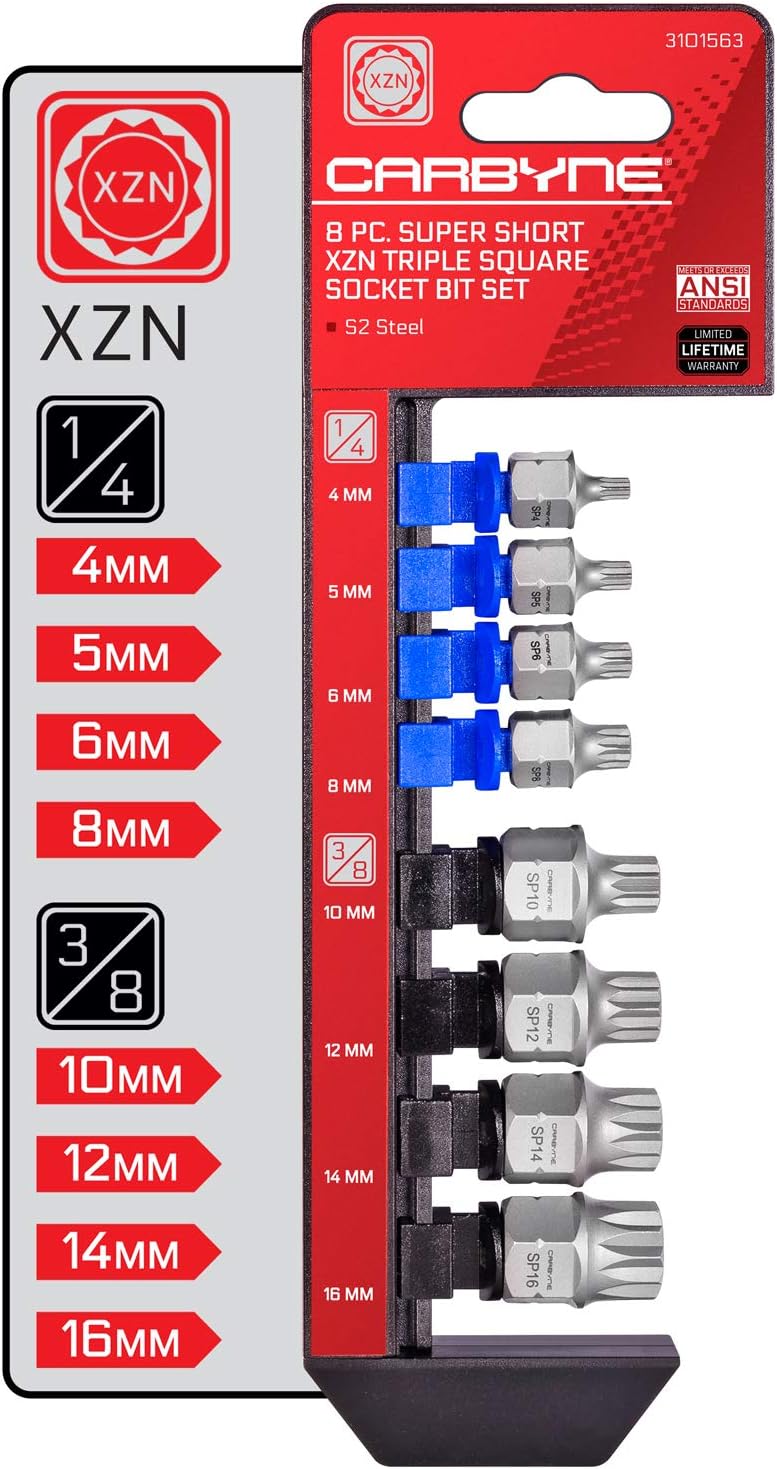 CARBYNE 8-Piece Stubby Low Profile XZN Triple Square Bit Socket Set S2 Steel 12 Point 4mm to 16mm Dual Drive Internal Square Drive and External Hex Drive for European Vehicles & Tight Confined Spaces