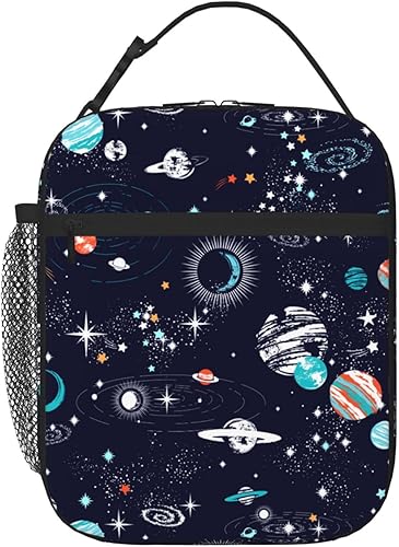 Lonchera con diseño de galaxia espacial de dibujos animados para hombres y mujeres, pequeña bolsa de almuerzo azul para oficina, trabajo, picnic,