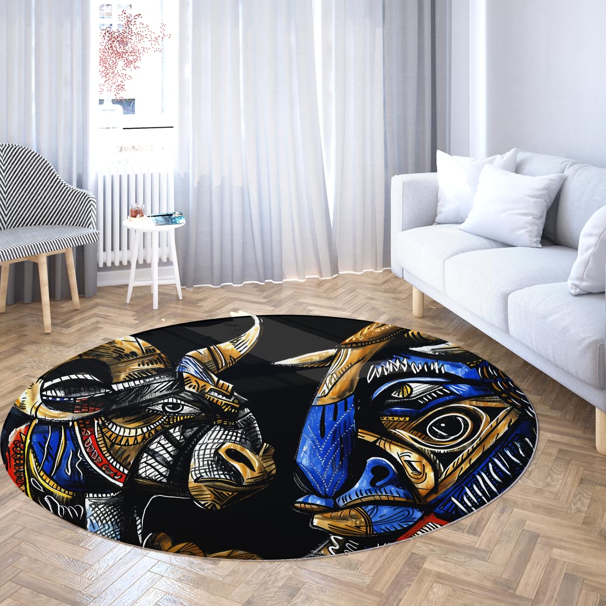Tapis rond tribal bull de 100cm vintage marine et or antidérapant et lavable pour salon