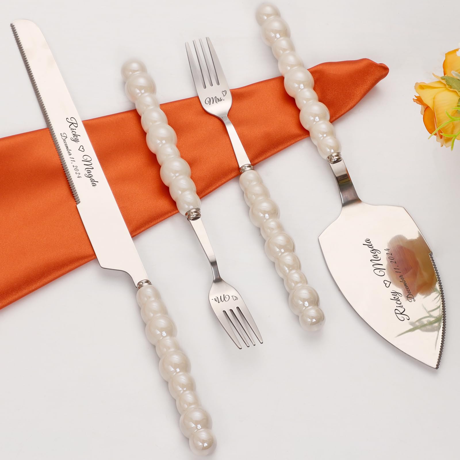 Perle Ensemble de Couteau Et Serveur de Gâteau de Mariage avec Fourchettes, Argent Ensemble de Découpe de Gâteau en Acier Inoxydable pour le Mariage Comprennent un Coupe-Gâteau et un Serveur (4)