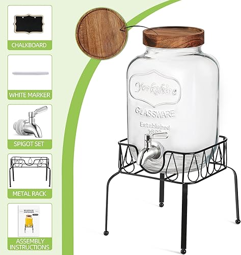 Miniatura 2 de Dispensador de bebidas de vidrio de 2 galones con soporte, grifo de acero inoxidable 188, tapa de madera diseñada  Dispensadores de bebidas de