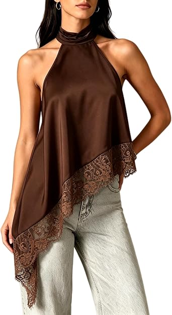 Women Satin Halter Top Y2K Mock Neck Lace Trim Asymmetrical Hem Tank Top Sleeveless Going Out Crop Tops