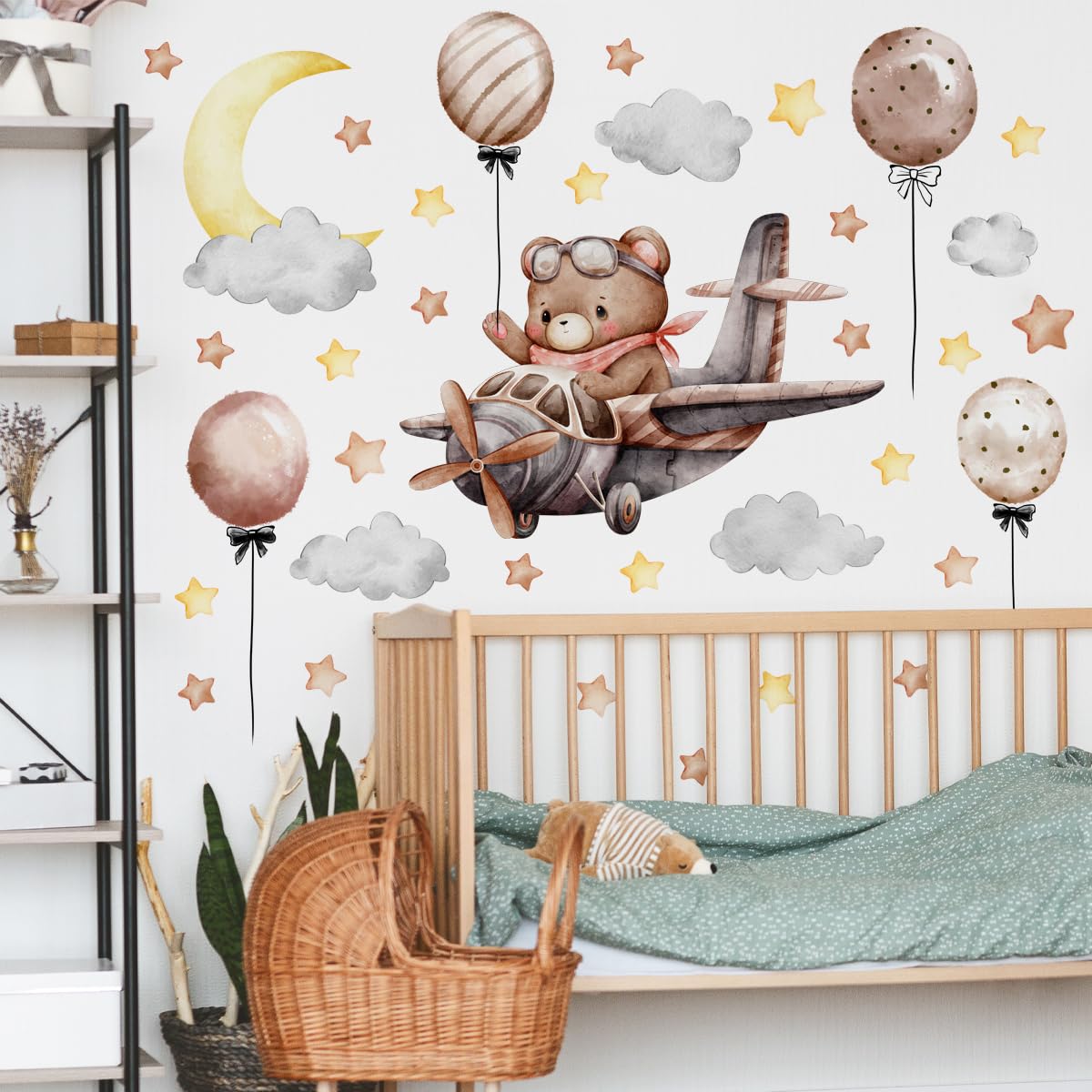 Runtoo Baby Bear Flying Plane Wall Decal Moon and Stars Sweet Dream Animal Wall Stickers Baby Nursery Kids Bedroom Home Decor - Image 2