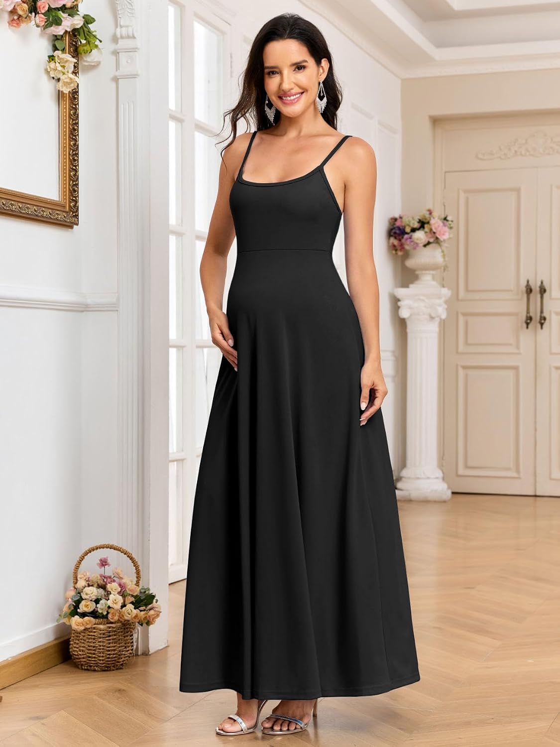 AISWI 2PCS Maternity Dress with 3D Floral Mesh Cape Flowy A-Line Maxi Evening Gown for Baby Shower Photoshoot Formal