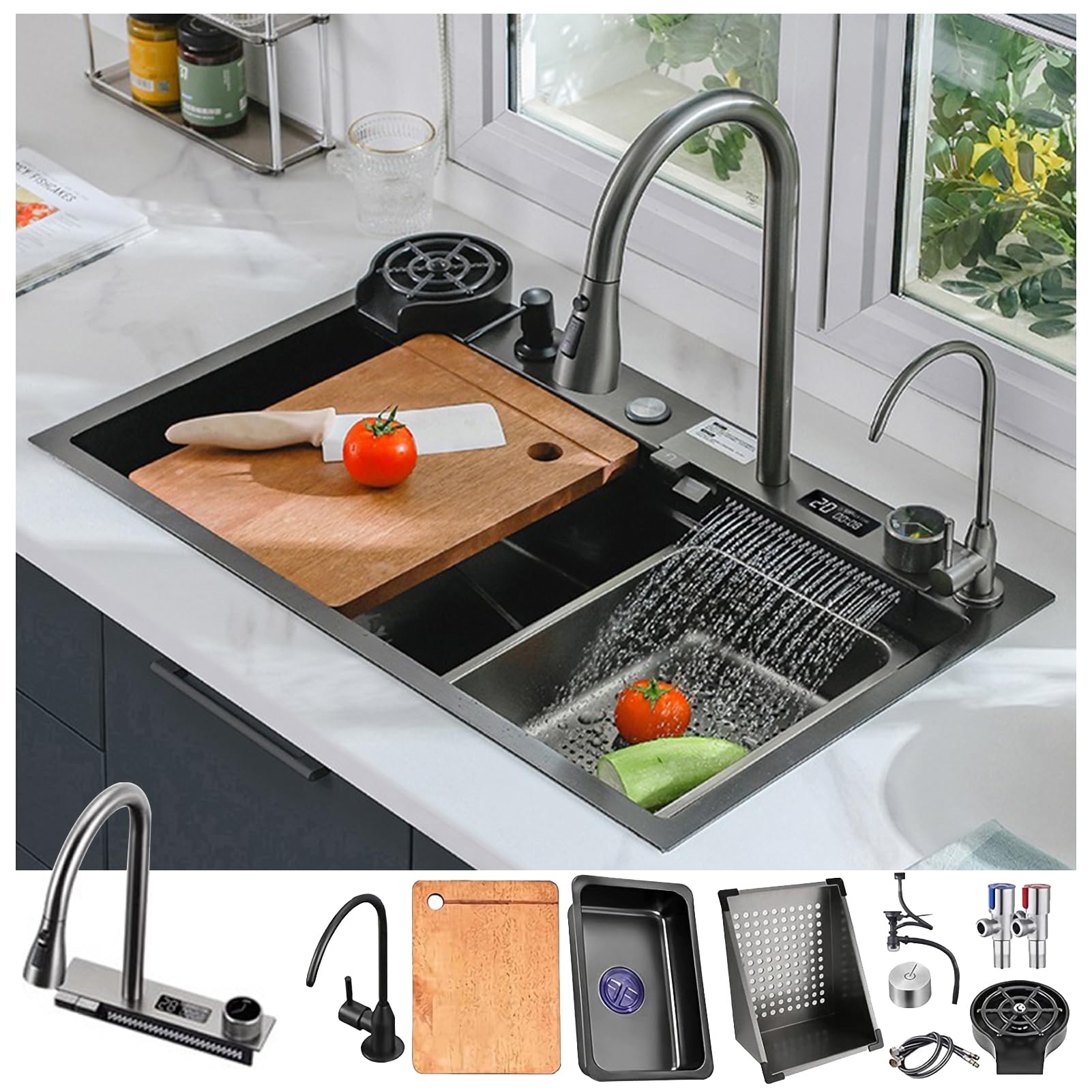WIQUYBML Black Grey Nano Workplace Sinks with Multifunctional Digital Display Extendable Tap 304 Stainless Steel Waterfall (68 x 46 cm)