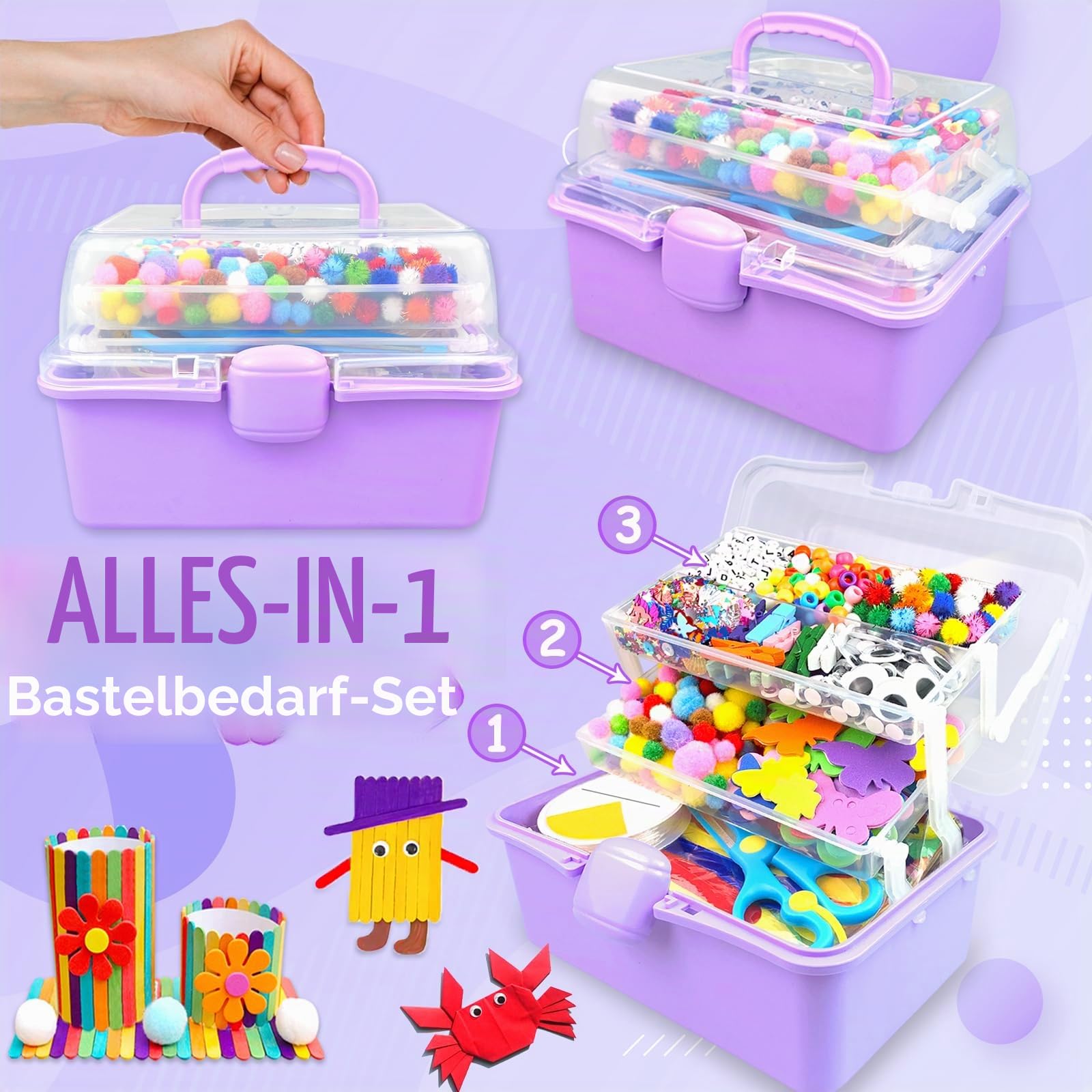 BNUZEIYI Bastelset Kinder – DIY Basteln Bastelkoffer für Kinder 3-Schicht Bastelbox Material Set mit Pfeifenreiniger Schulbedarf Spielzeug Geschenke für Mädchen Jungen 4–8, 8–12 Jahren, Lila