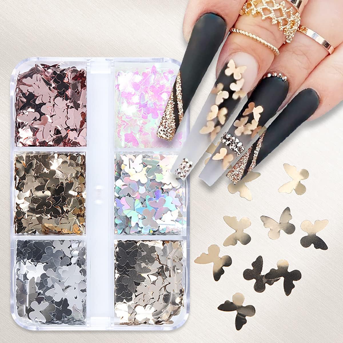 6 Grids Holographic Butterfly Nail Art Glitter Sequins 3D Sparkly Laser Butterflies Glitter for Acrylic Nail Design Manicure Paillettes Ultrathin Face Body Decoration Accessories
